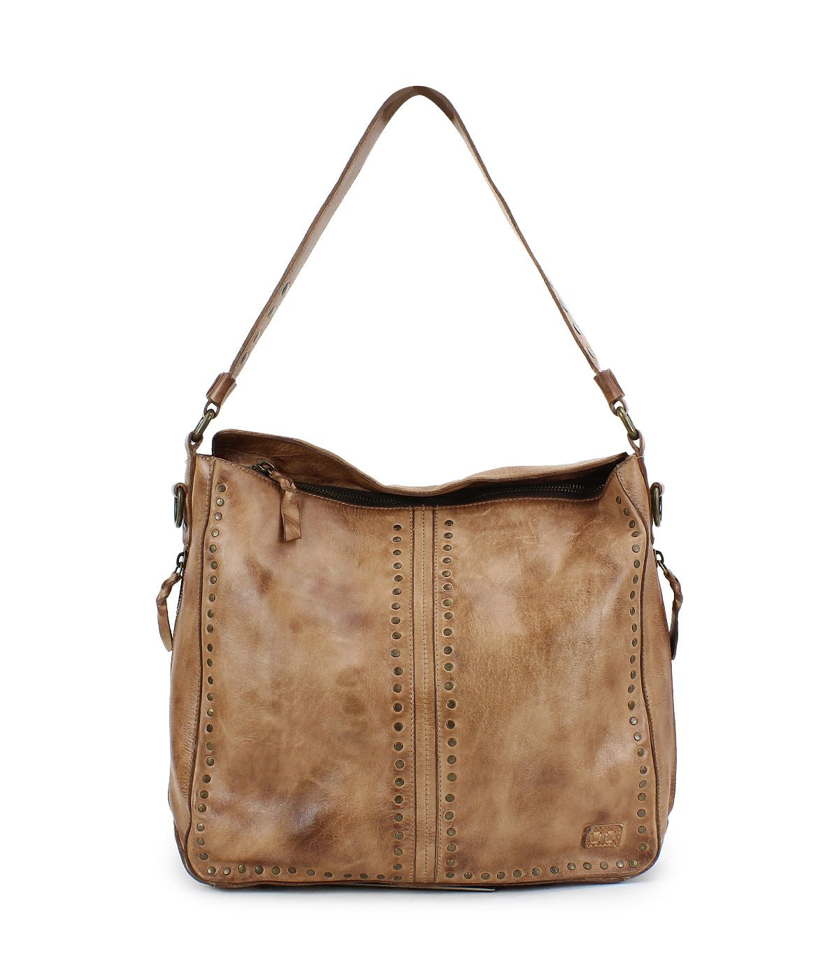 Bed|Stü Packet LTC brown leather shoulder tote bag featuring a single strap, vertical decorative studs, zipper closure, and a slightly distressed finish.