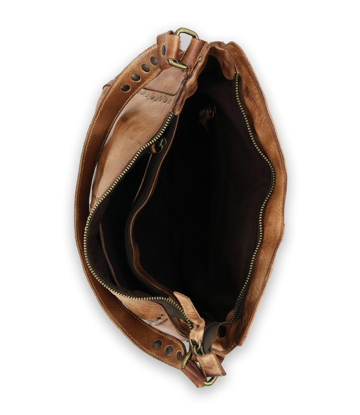 Top view of the Bed|Stü Packet LTC open brown leather tote bag displaying multiple compartments, including a central zippered pocket and a dark fabric lining—ideal for anyone seeking a stylish travel tote.