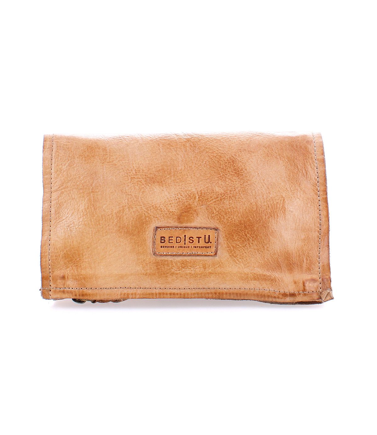 Parle by Bed|Stü is a tan leather wallet with visible stitching and a rectangular "BED|STÜ" branded label on the front, featuring zippered compartments to keep your essentials organized.