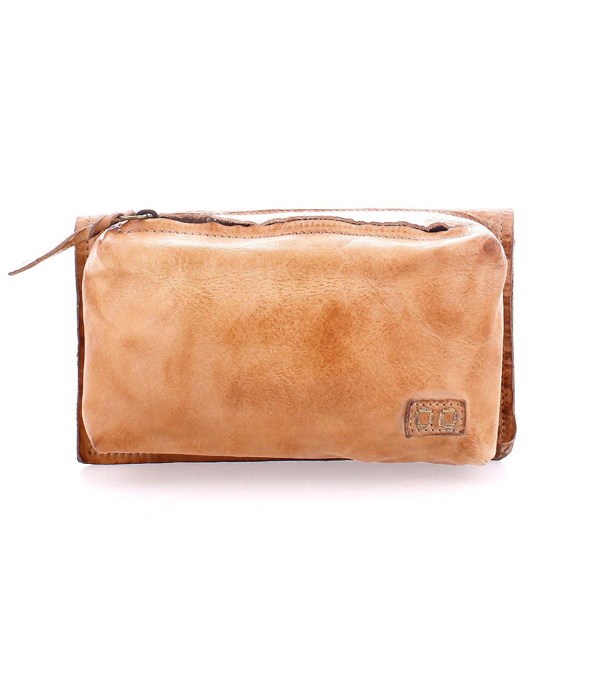 The Parle bag by Bed|Stü is a light brown soft leather accessory featuring a zippered front pocket and visible stitching, displayed against a plain white background.