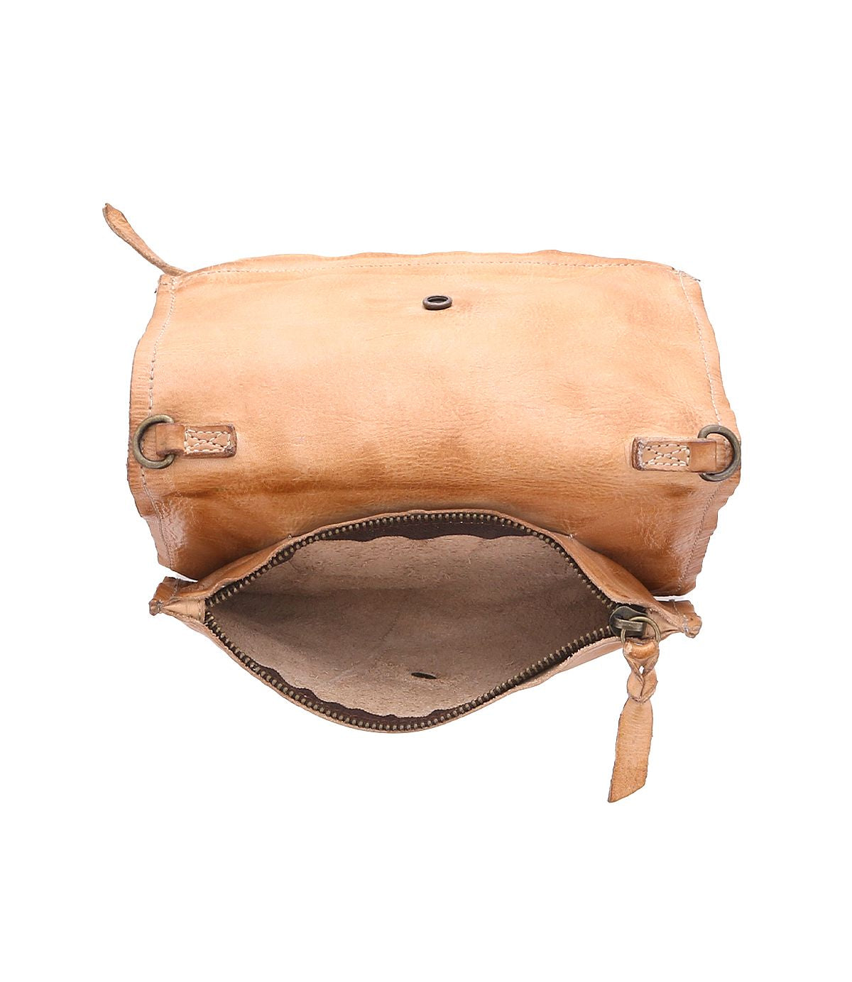 Introducing Parle by Bed|Stü: a tan soft leather crossbody bag featuring a flap opening that reveals zippered compartments inside and detailed visible stitching along the edges. Designed with an adjustable strap for comfortable, hands-free wear.