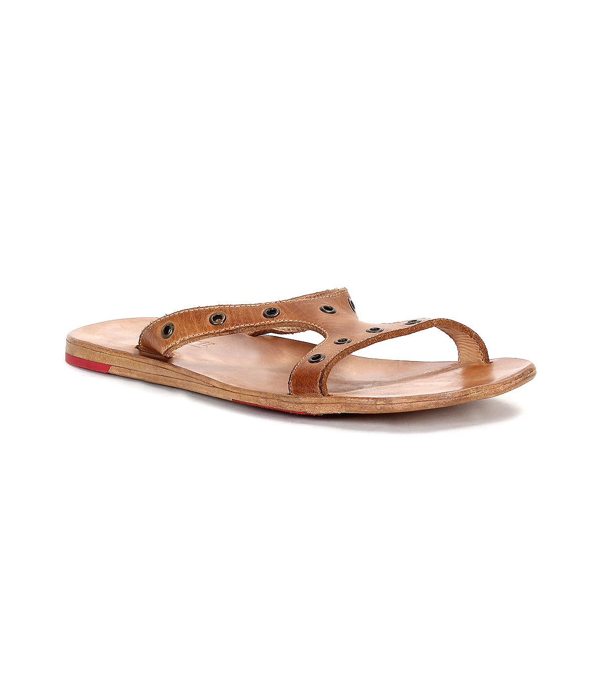 The Bed|Stü Path is a single brown leather slip-on sandal featuring an open toe, flat sole, and metal rivet accents, designed for everyday comfort and ease of movement, displayed against a white background.