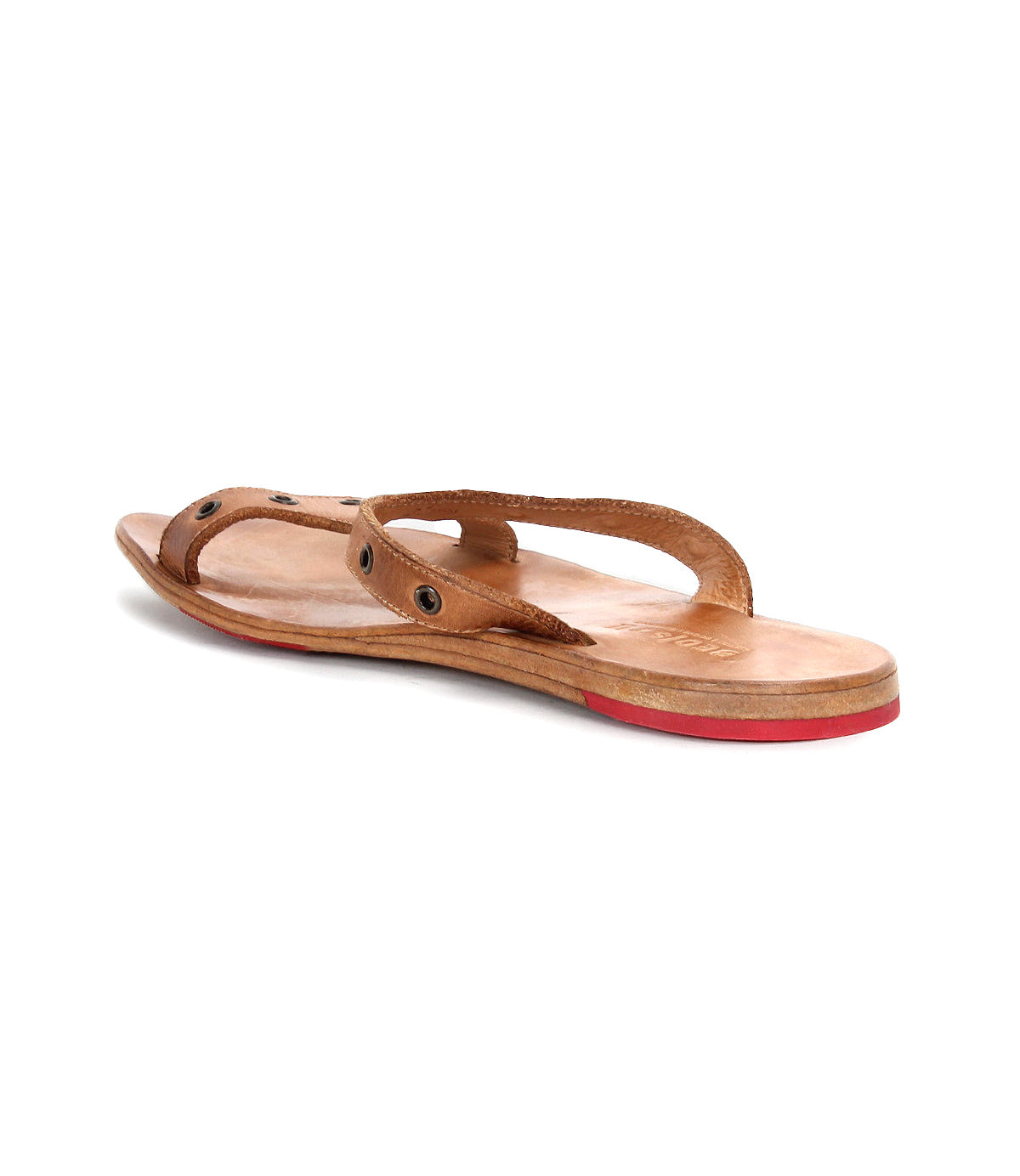Step into everyday movement with the Bed|Stü Path sandal—a brown leather slip-on featuring a flat sole, red outsole accents, and visible stitching. Shown from a rear side angle against a white background.