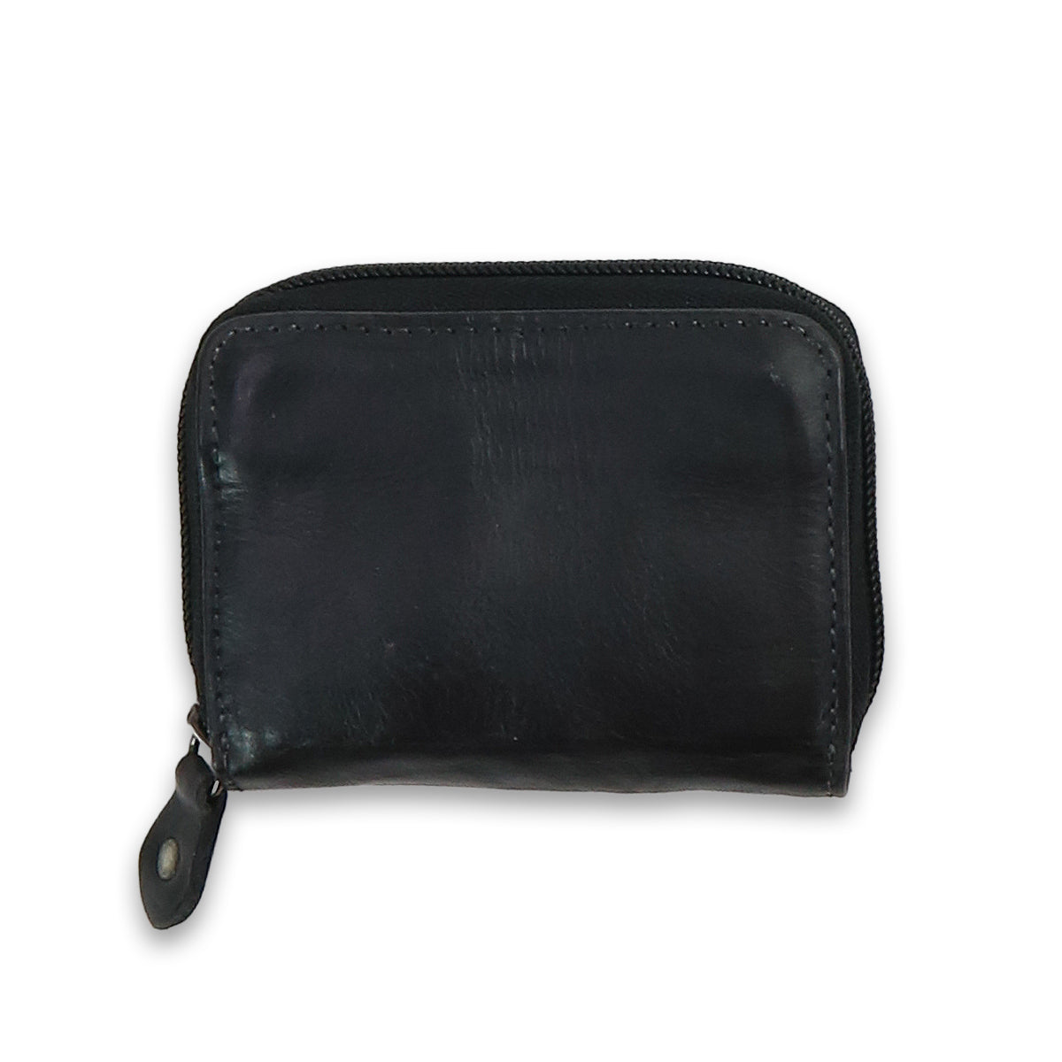 The Peek by Bed|Stü is a small black zippered wallet, crafted from premium leather and displayed against a white background, featuring accordion card slots for easy organization.