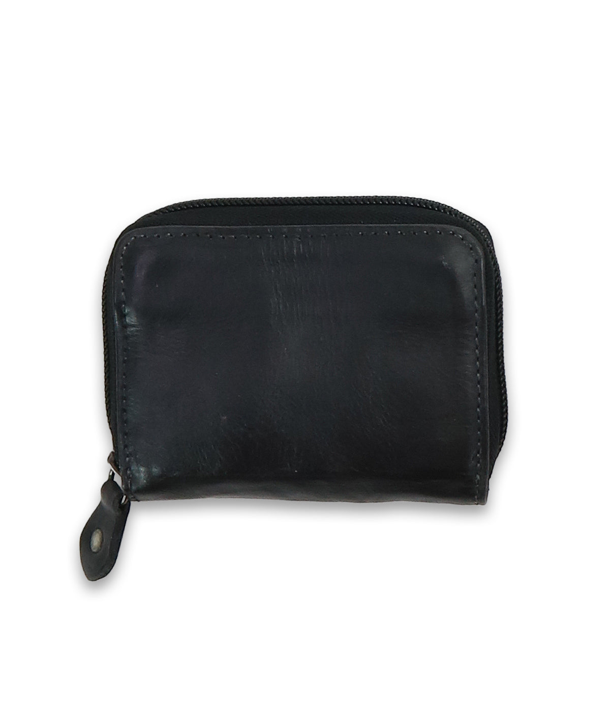 The Peek by Bed|Stü is a small black zippered wallet, crafted from premium leather and displayed against a white background, featuring accordion card slots for easy organization.