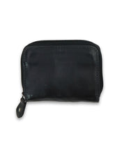 The Peek by Bed|Stü is a small black zippered wallet, crafted from premium leather and displayed against a white background, featuring accordion card slots for easy organization.