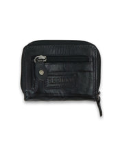 The Peek by Bed|Stü is a small black premium leather coin pouch featuring two zippered compartments, accordion card slots, and a snap button detail, displayed on a plain white background.