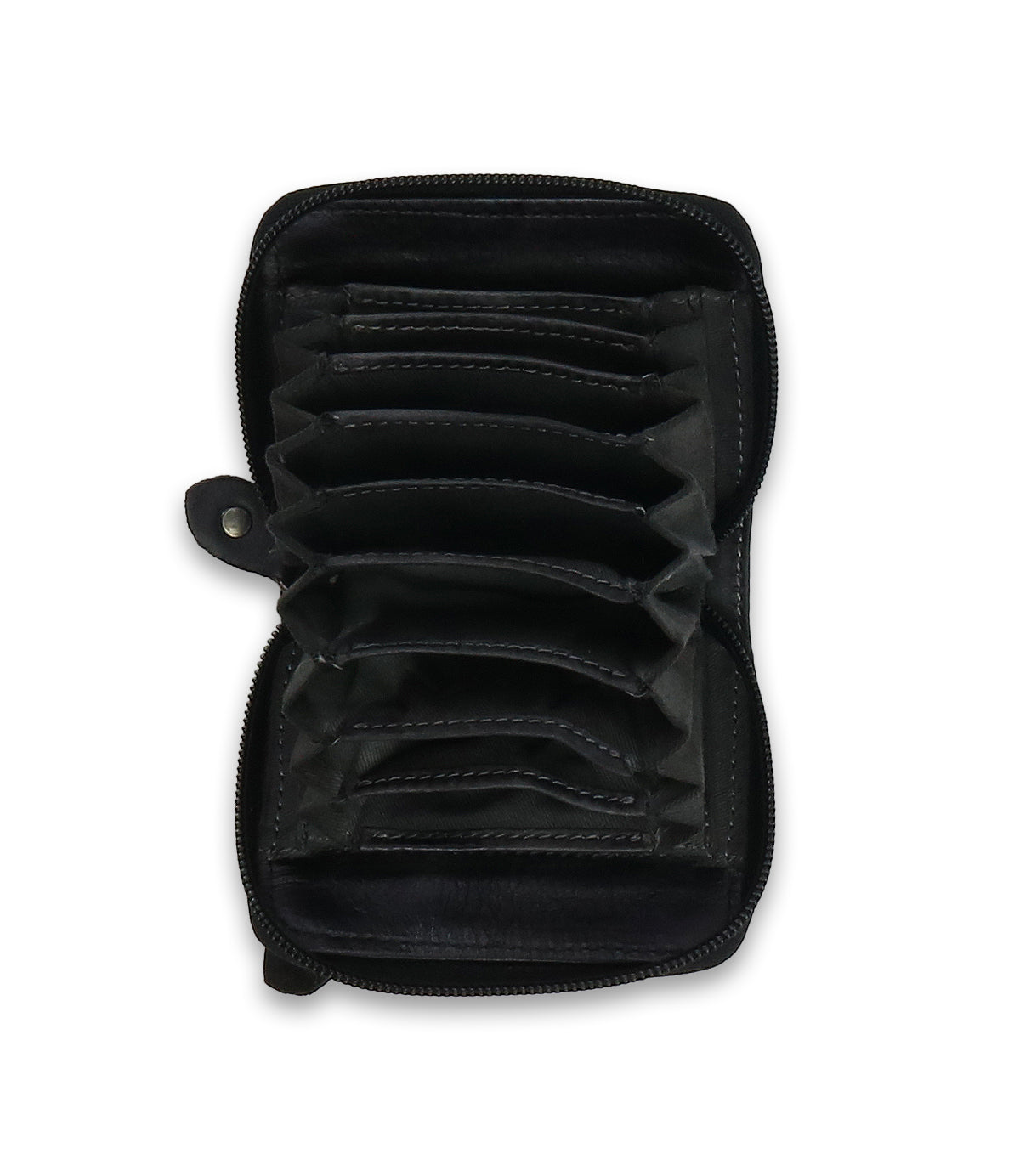 The Bed|Stü Peek wallet, crafted from premium black leather and featuring a zippered closure, multiple open compartments, and accordion card slots, is displayed from above on a white background.