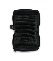 The Bed|Stü Peek wallet, crafted from premium black leather and featuring a zippered closure, multiple open compartments, and accordion card slots, is displayed from above on a white background.
