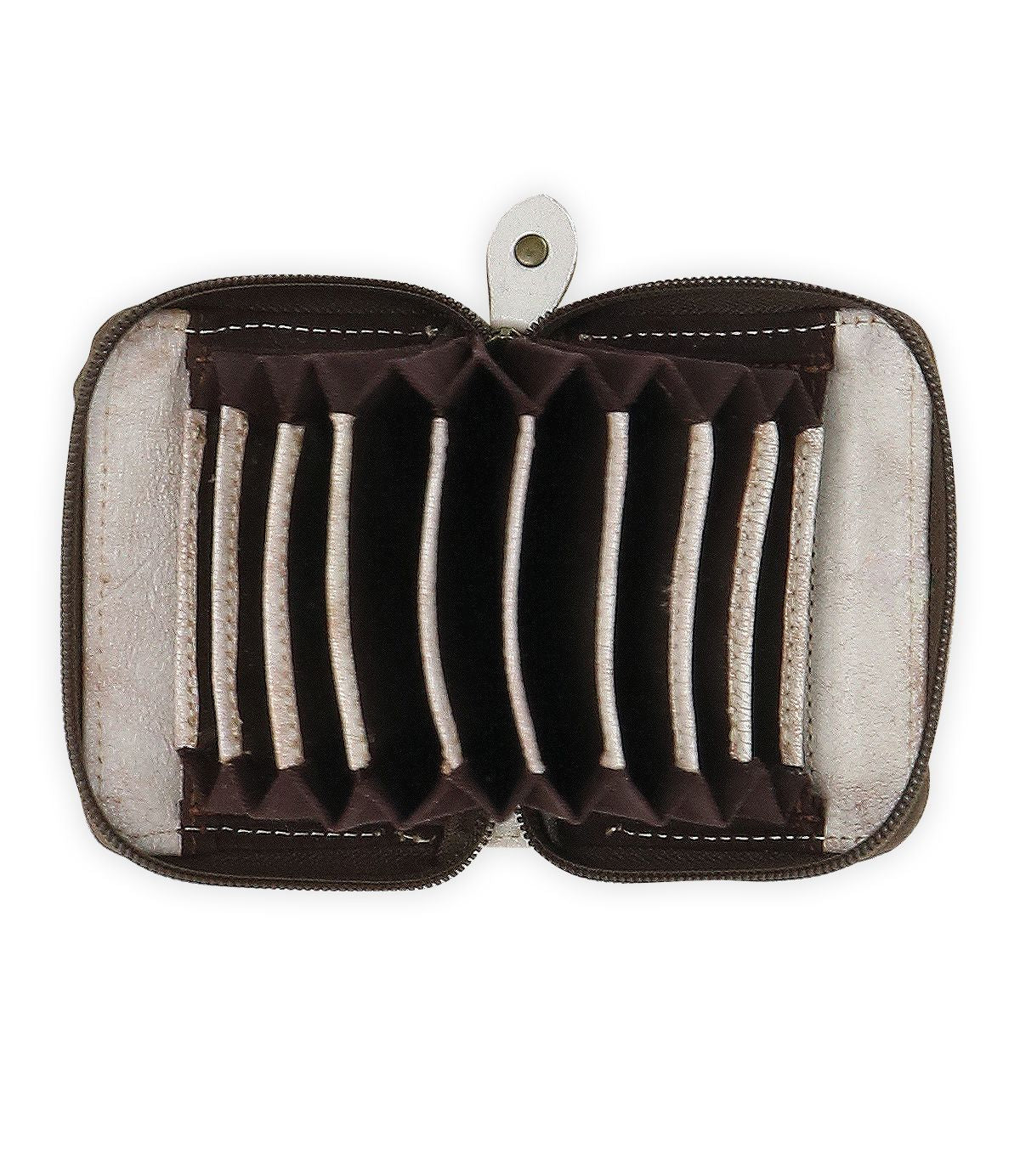 The Peek wallet by Bed|Stü is a small brown zippered accessory made from premium leather, shown open to reveal multiple empty accordion-style card slots, and photographed against a white background.