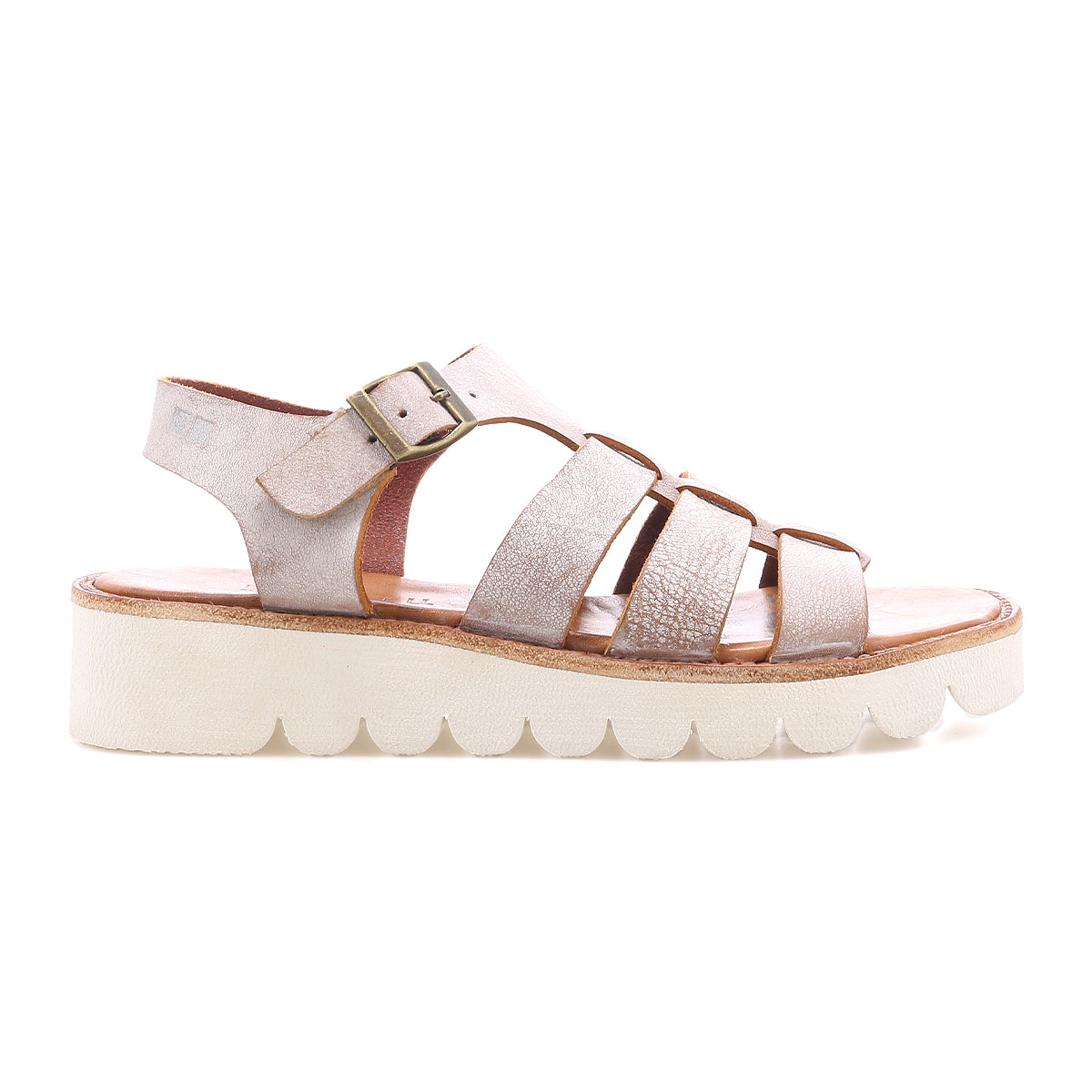 Bed|Stü’s Perfect sandal features metallic leather straps, an ankle strap with buckle, and a chunky white platform sole—shown in a side profile on a white background.