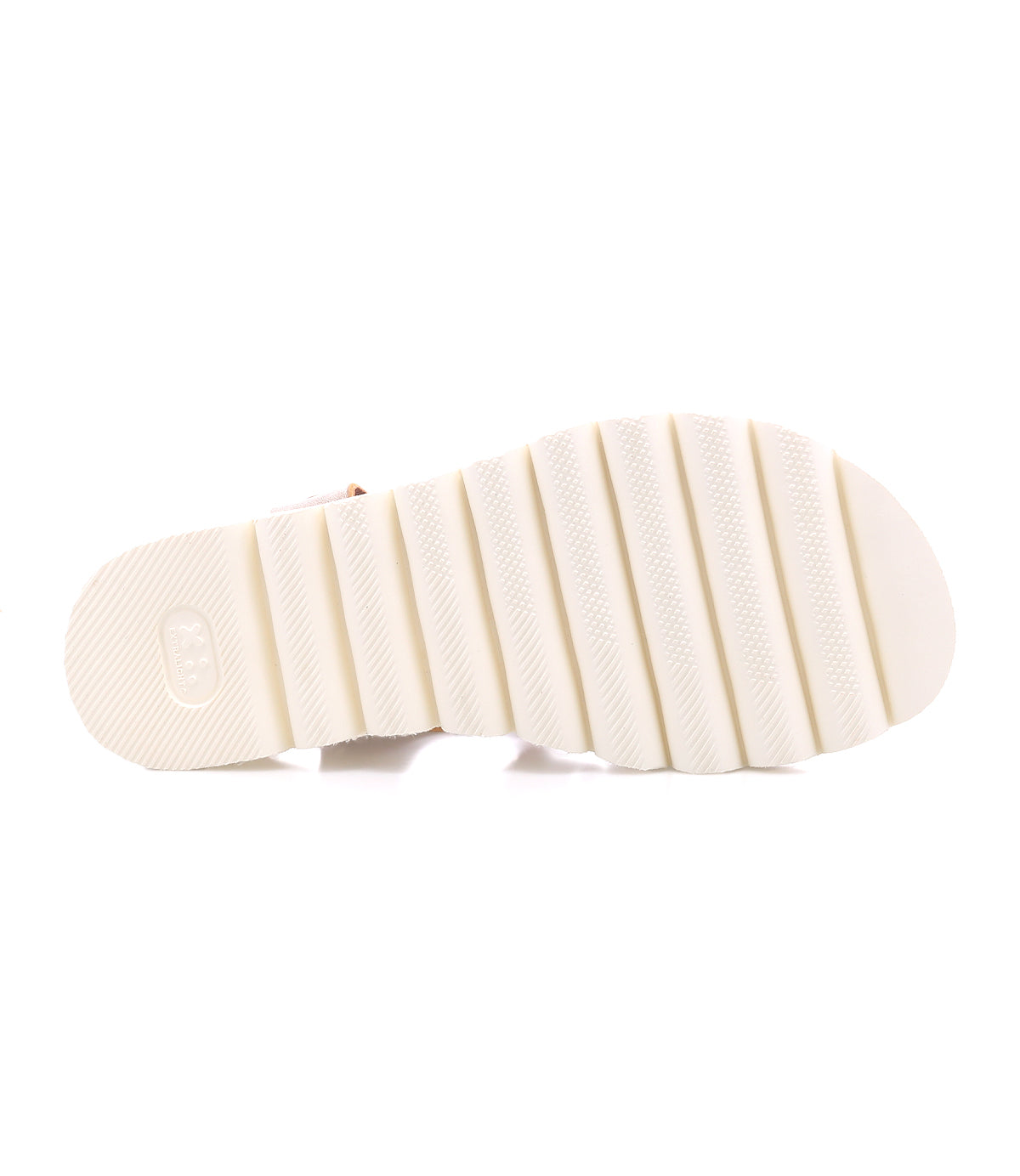 The image shows the textured white rubber sole of the Bed|Stü Perfect fisherman sandal, featuring horizontal grooves for grip, viewed from the bottom.