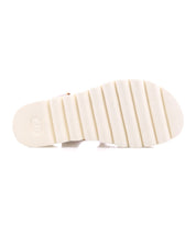 The image shows the textured white rubber sole of the Bed|Stü Perfect fisherman sandal, featuring horizontal grooves for grip, viewed from the bottom.