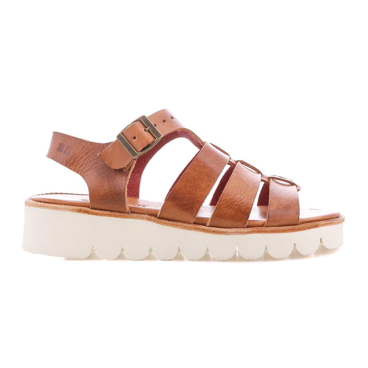 Bed|Stü Perfect brown leather fisherman sandals with adjustable ankle strap and buckle, featuring multiple leather straps and a thick, white, ridged sole, shown against a plain background.