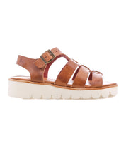 Bed|Stü Perfect brown leather fisherman sandals with adjustable ankle strap and buckle, featuring multiple leather straps and a thick, white, ridged sole, shown against a plain background.
