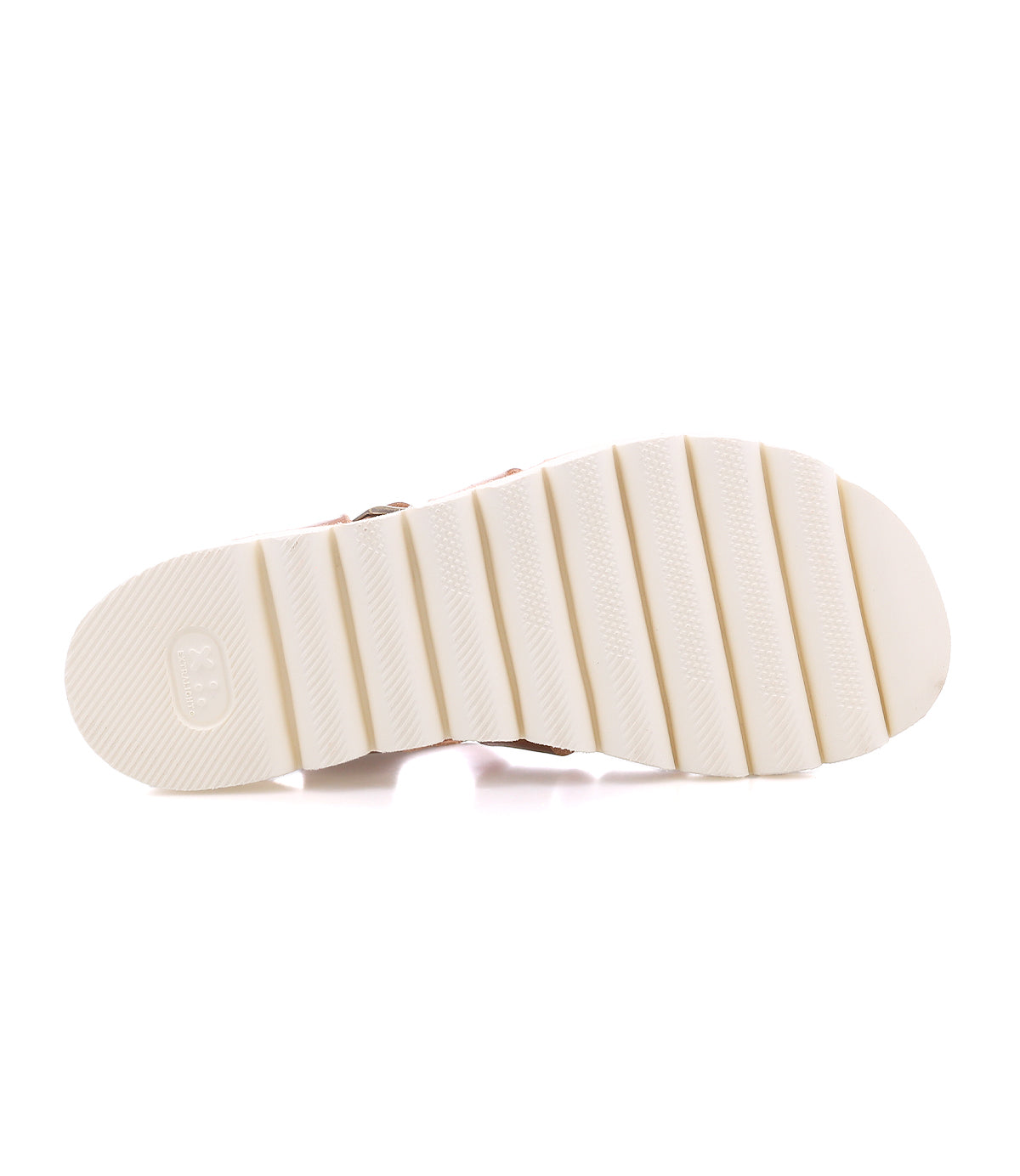 The image displays the bottom view of a white, ridged rubber sole with horizontal grooves—characteristic of platform sandals—from the Bed|Stü Perfect shoe, photographed against a white background.