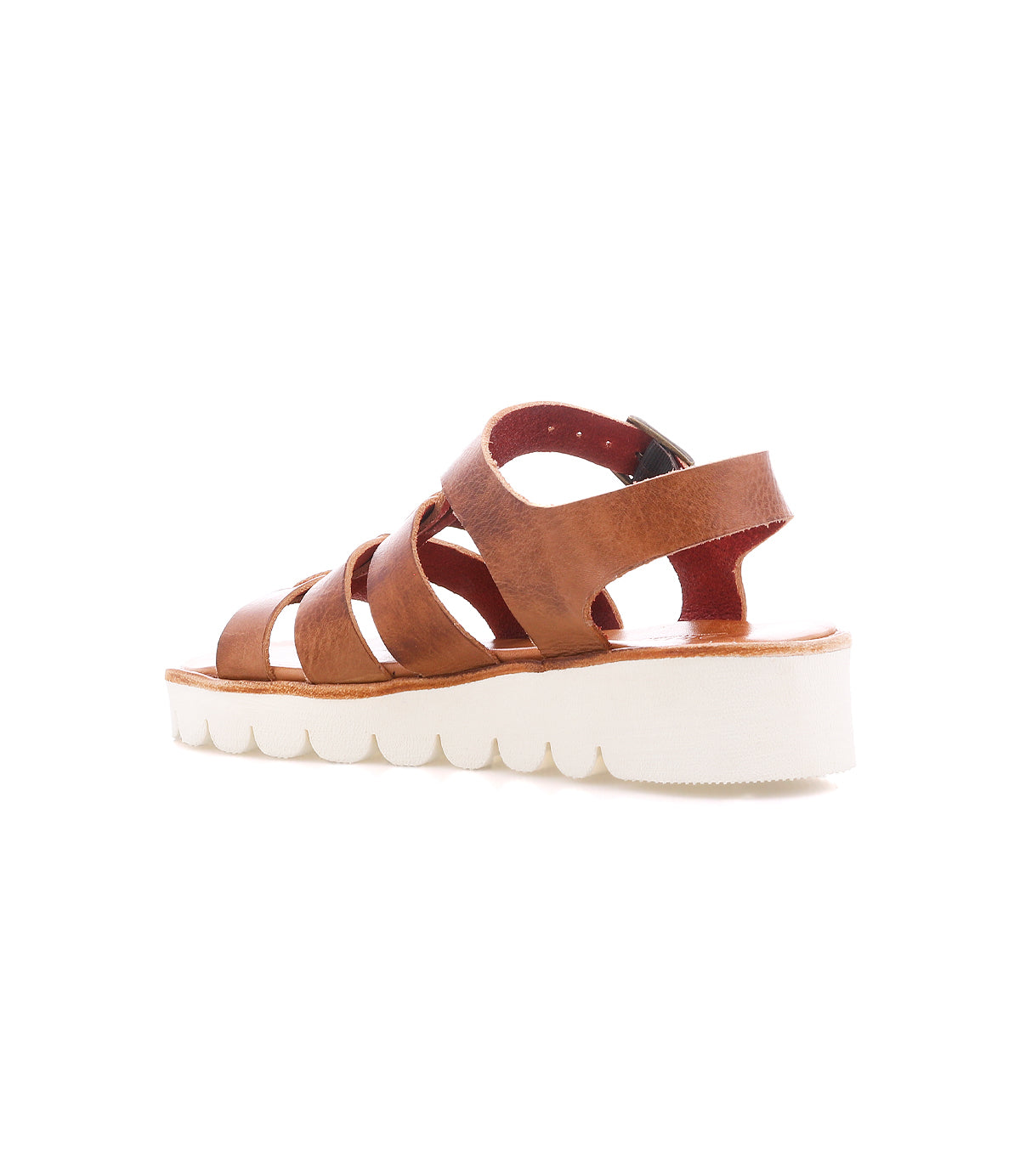 Bed|Stü "Perfect" brown leather fisherman sandals, shown from the side and slightly behind on a white background, featuring multiple leather straps and a thick, white ridged sole.