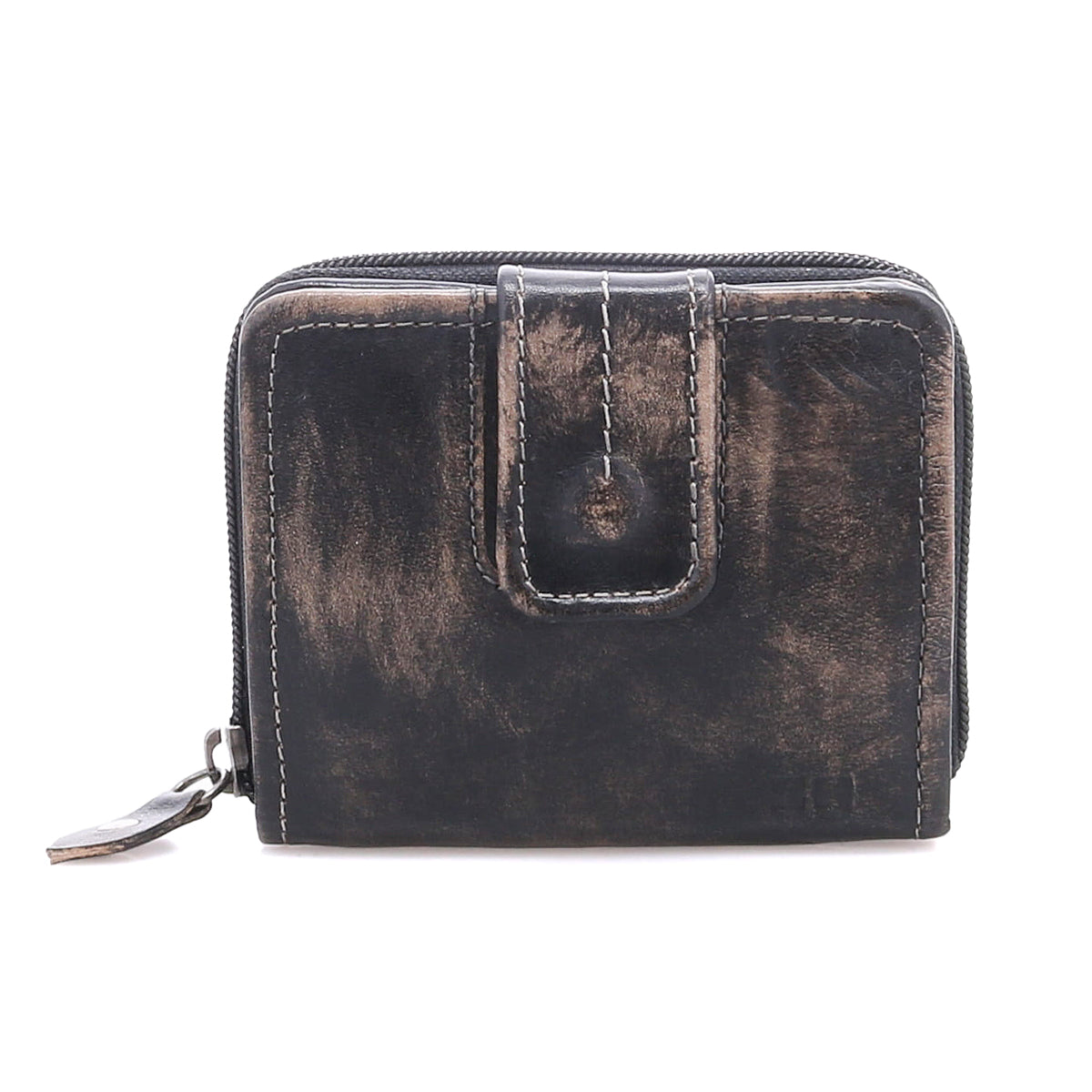 The Bed|Stü Plus wallet is a compact leather accessory available in black and brown, showcasing a bifold design with a secure zipper closure, a zippered coin pocket, and a front snap tab, all displayed against a white background.