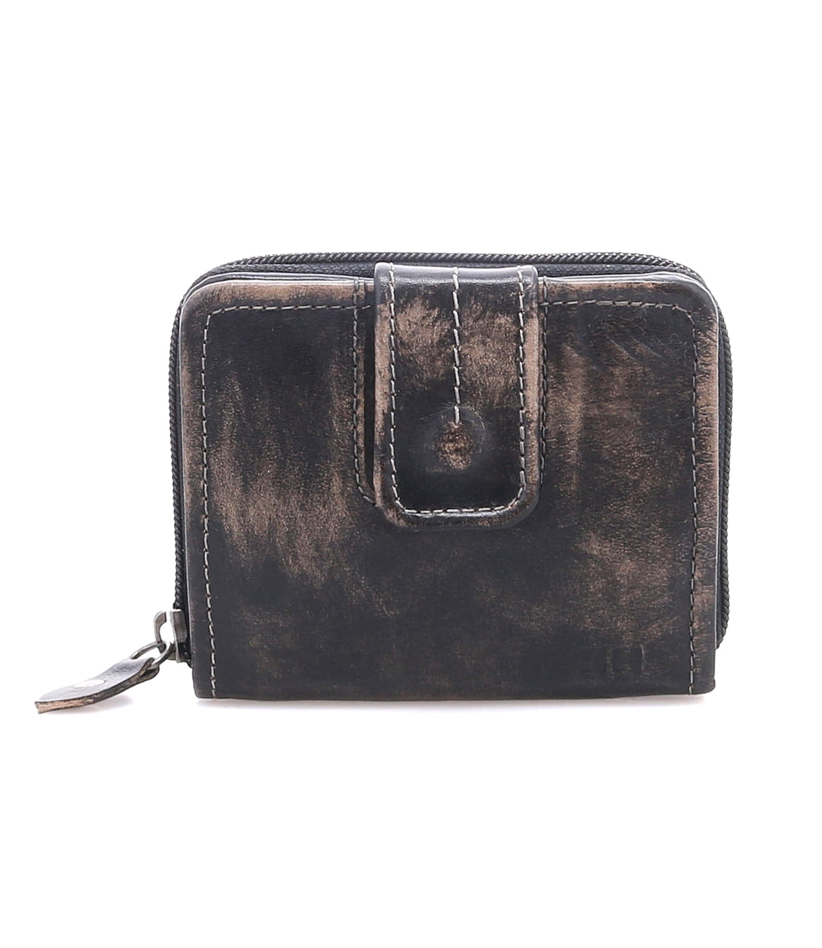 The Bed|Stü Plus wallet is a compact leather accessory available in black and brown, showcasing a bifold design with a secure zipper closure, a zippered coin pocket, and a front snap tab, all displayed against a white background.