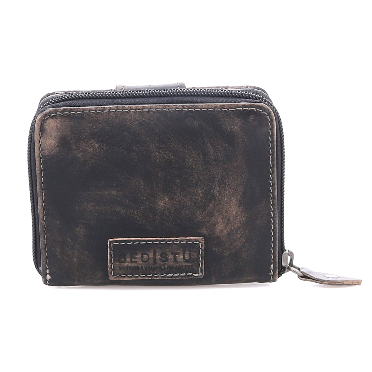 A small, distressed brown compact leather wallet by Bed|Stü, the Plus, featuring a zipper closure and a stitched label on the front that reads "BEDISTU." This stylish bifold wallet also includes a zippered coin pocket for added convenience.