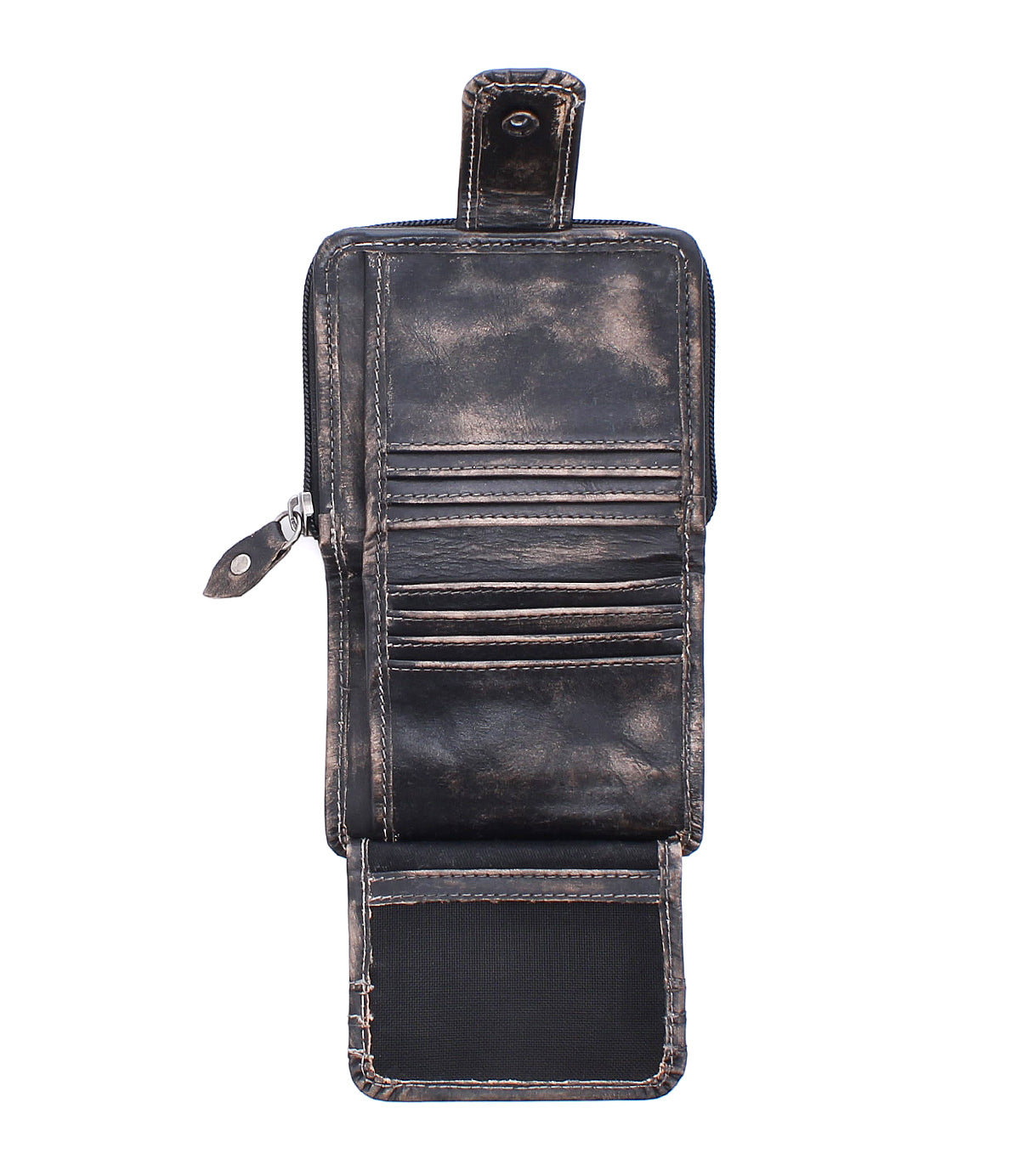 A worn, open bifold wallet called "Plus" by Bed|Stü, crafted from leather with multiple card slots, a zippered coin pocket compartment, and a snap-button flap, displayed on a white background.
