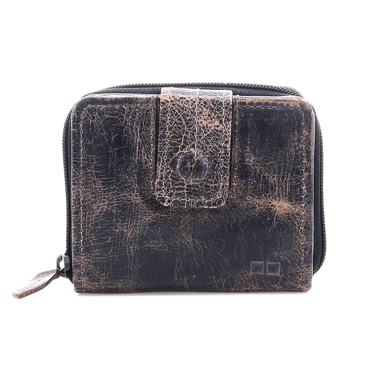 Bed|Stü Plus compact leather wallet in dark brown, featuring a front flap and zippered coin pocket; shows significant wear with creasing.
