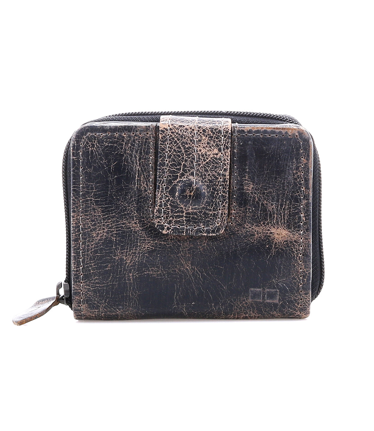 Bed|Stü Plus compact leather wallet in dark brown, featuring a front flap and zippered coin pocket; shows significant wear with creasing.
