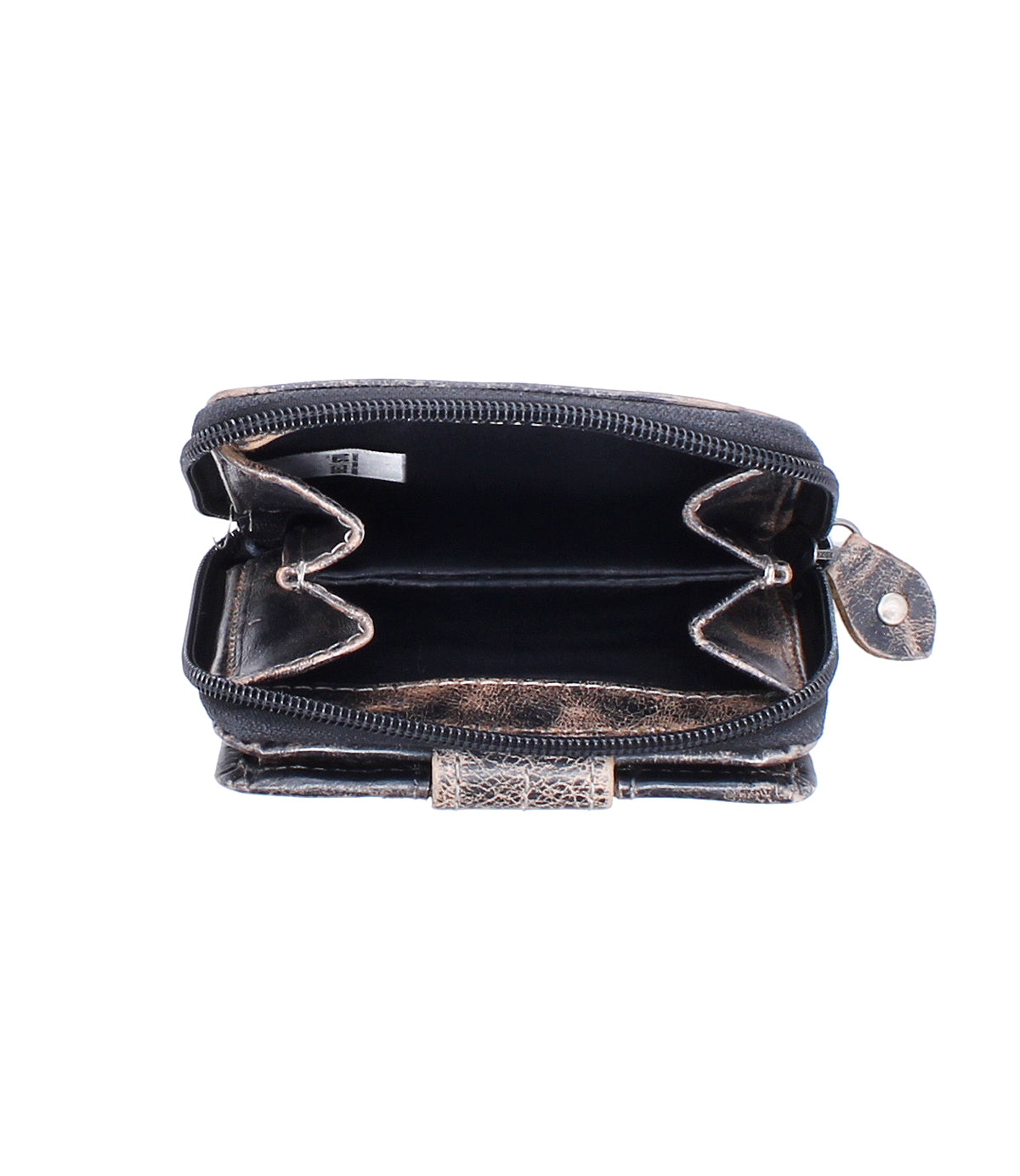 The Bed|Stü Plus is an open black compact leather wallet featuring two main compartments, a zippered coin pocket, and a snap button closure, displayed empty against a white background.