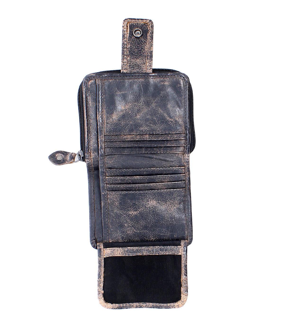 Brown, compact Bed|Stü Plus leather wallet with a snap closure, open to reveal multiple card slots, a zippered coin pocket, and a bill pouch.