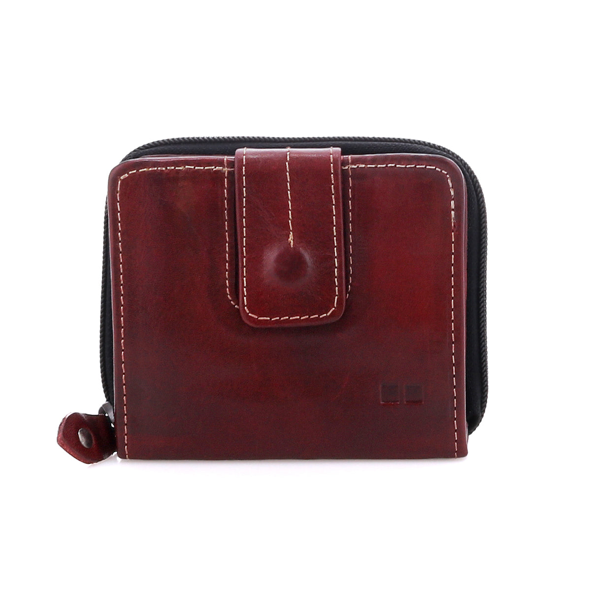 Introducing the Bed|Stü Plus—a dark red compact leather wallet, accented with white stitching. It features a right-side zipper closure, a front snap button tab, and a handy zippered coin pocket inside for added convenience.