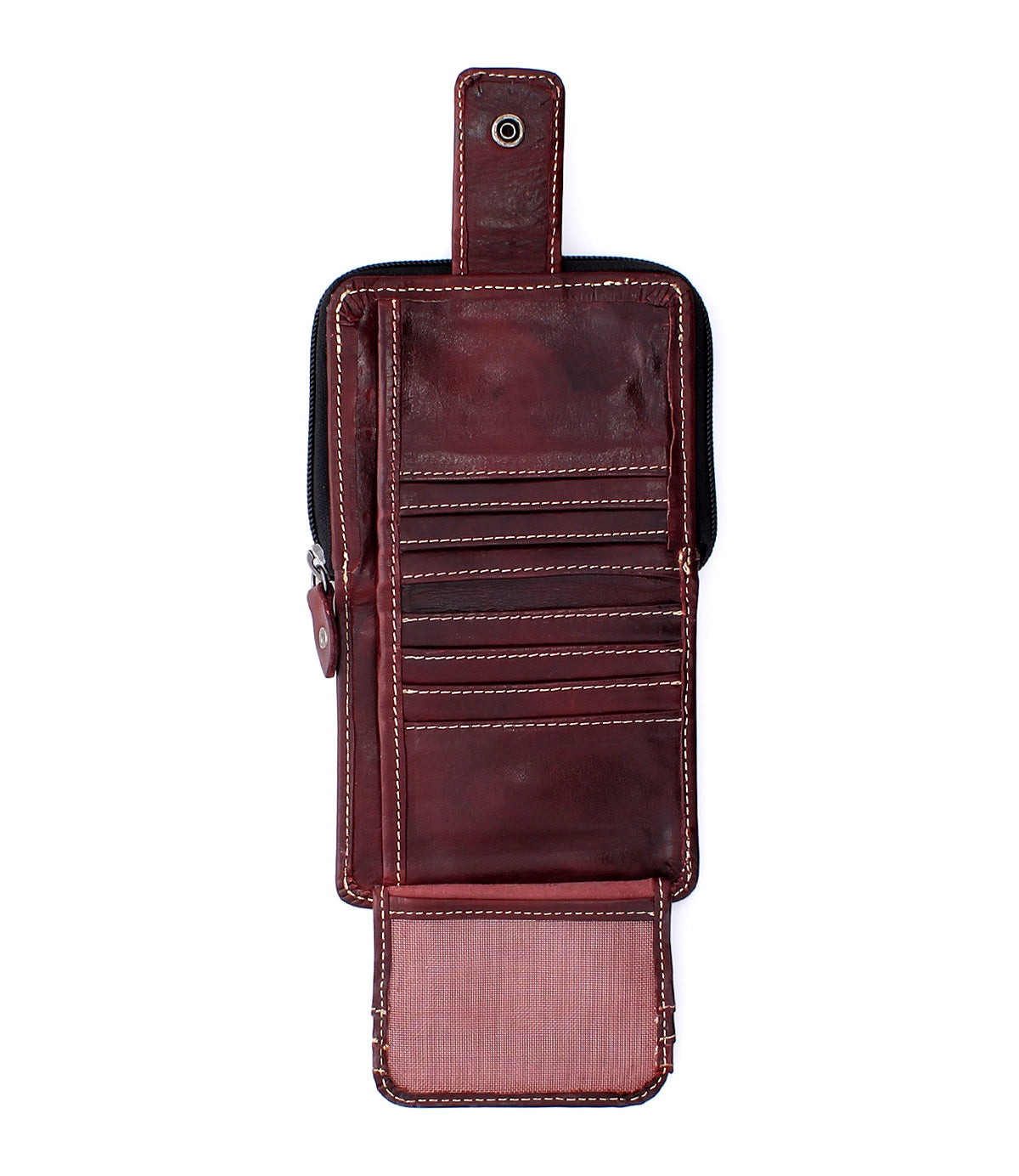 Bed|Stü Plus brown leather bifold wallet open to reveal multiple card slots, a snap button strap, and a zippered coin pocket on the left side; displayed against a white background.