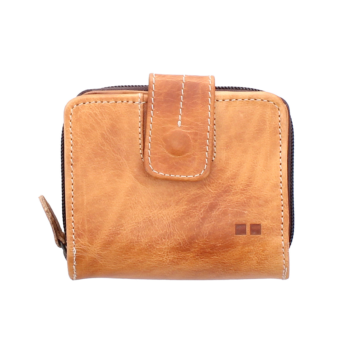 The Bed|Stü Plus is a compact tan leather wallet featuring visible stitching, a snap closure, and a convenient zippered coin pocket, shown against a white background.