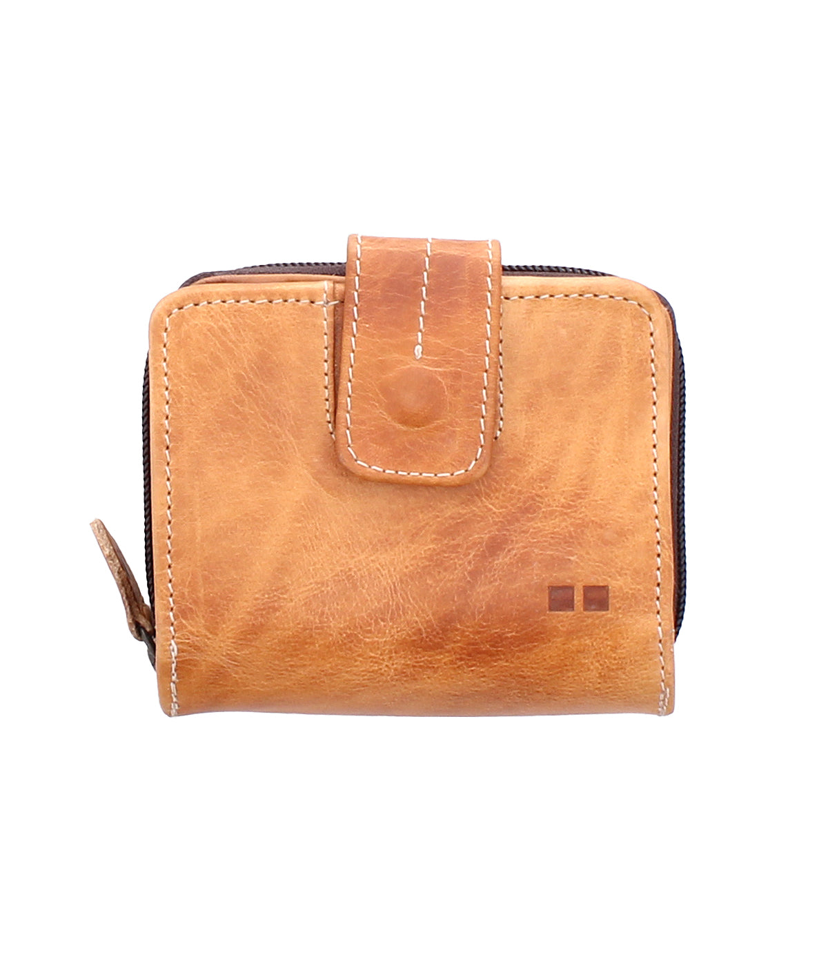 The Bed|Stü Plus is a compact tan leather wallet featuring visible stitching, a snap closure, and a convenient zippered coin pocket, shown against a white background.