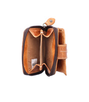 Bed|Stü Plus open brown compact leather wallet, featuring multiple compartments, a zippered coin pocket, and a snap closure, shown on a white background.