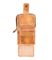 Bed|Stü Plus bifold wallet crafted from leather in brown, featuring multiple card slots, a transparent ID window, and a zippered coin pocket. Shown open with a snap closure flap for secure and compact organization.