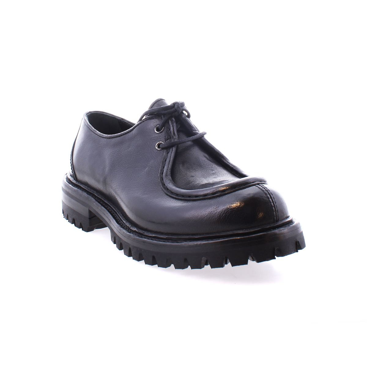 The Bed|Stü Portare is a black leather moc-toe lace-up boot featuring a thick, rugged sole, displayed against a white background.