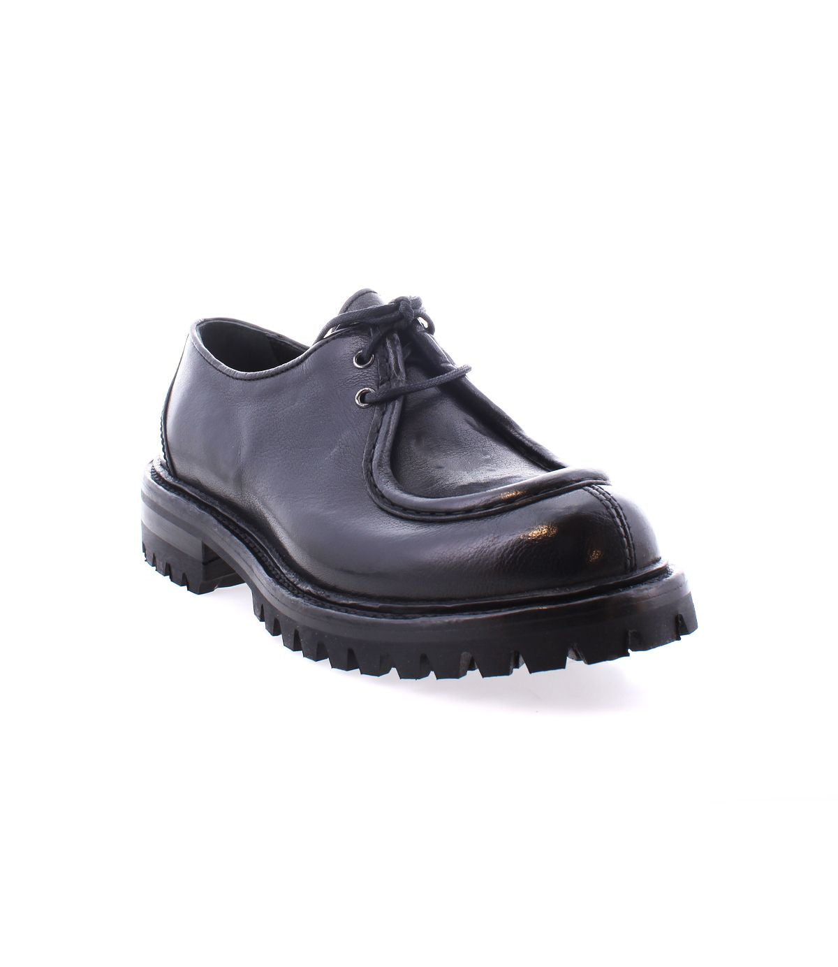 The Bed|Stü Portare is a black leather moc-toe lace-up boot featuring a thick, rugged sole, displayed against a white background.