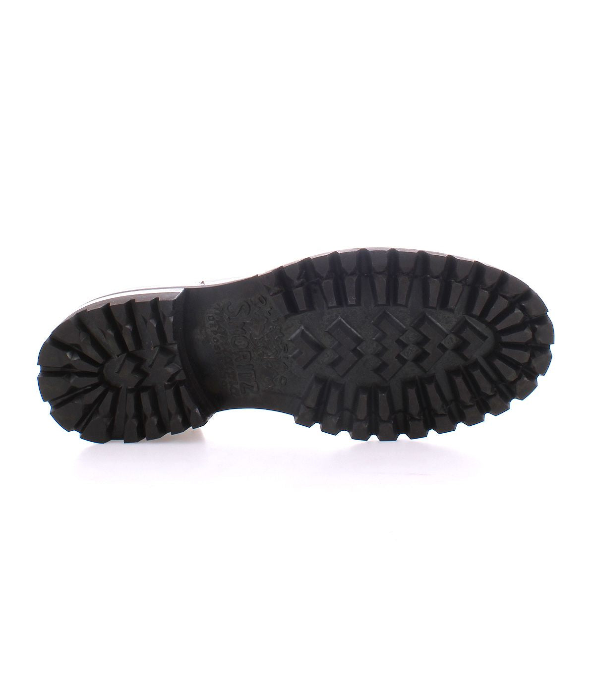 The image shows the black rubber sole of the Bed|Stü Portare moc-toe lace-up boot with a rugged tread pattern, viewed from the bottom against a white background.