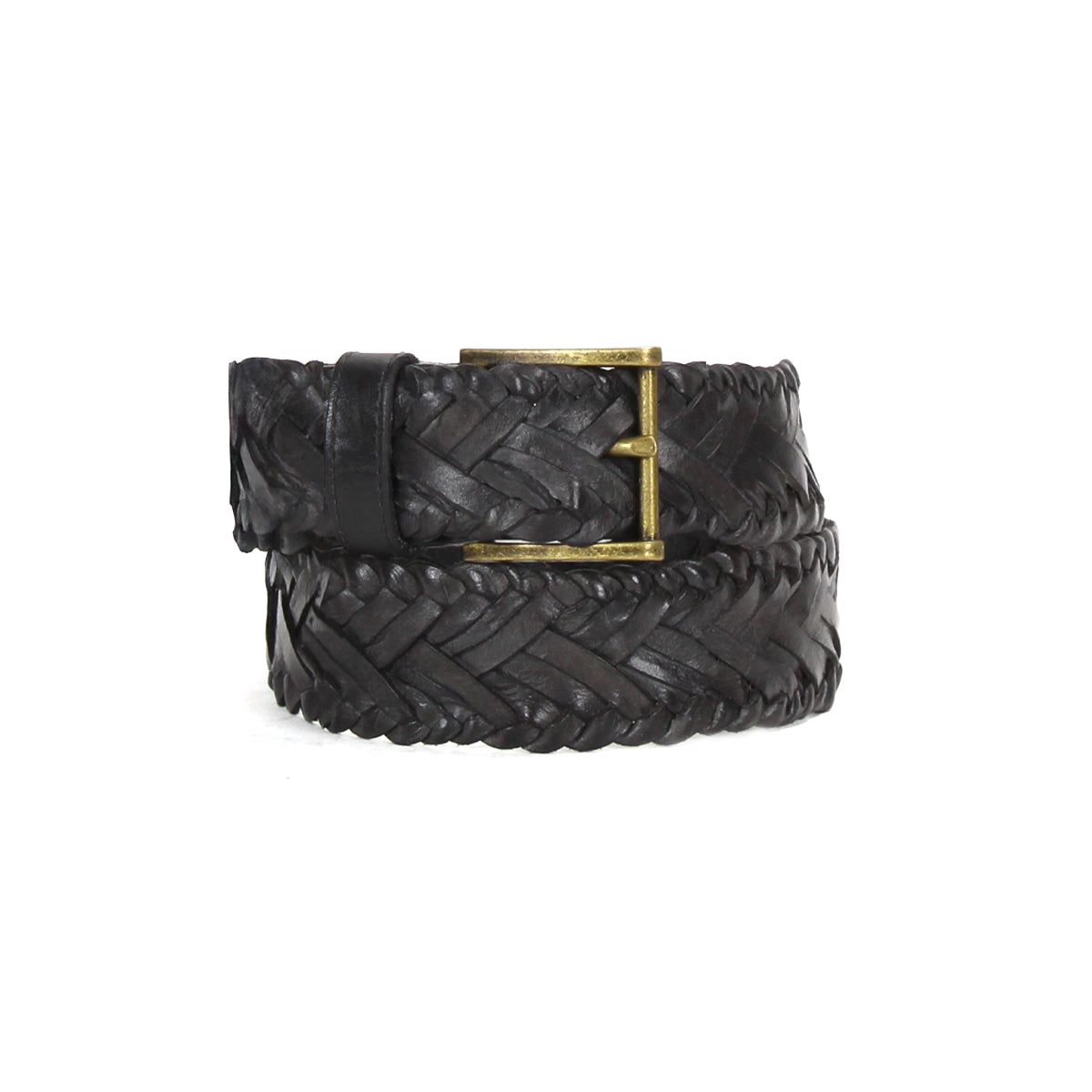 The Proem belt by Bed|Stü is a handwoven dark brown leather accessory featuring a vintage metal buckle, shown coiled against a plain white background.