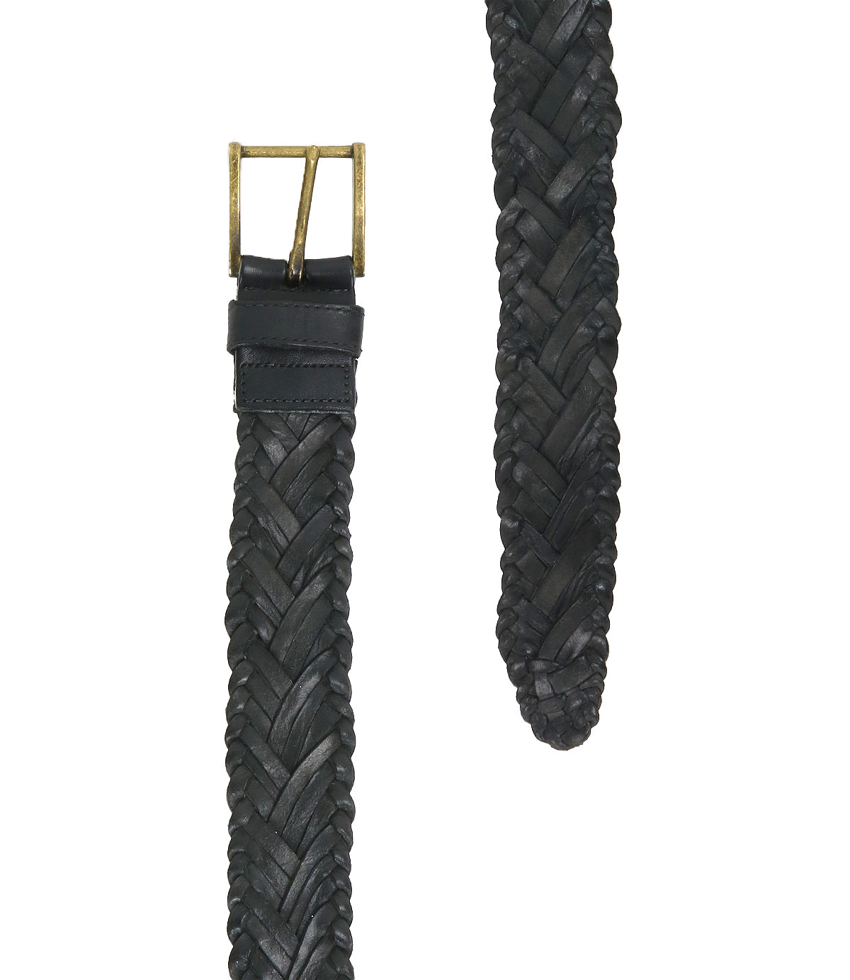 Close-up of the Proem belt by Bed|Stü—a handwoven black leather accessory showcasing artisan detailing and a vintage metal buckle—displayed from both the buckle end and the tapered tip.