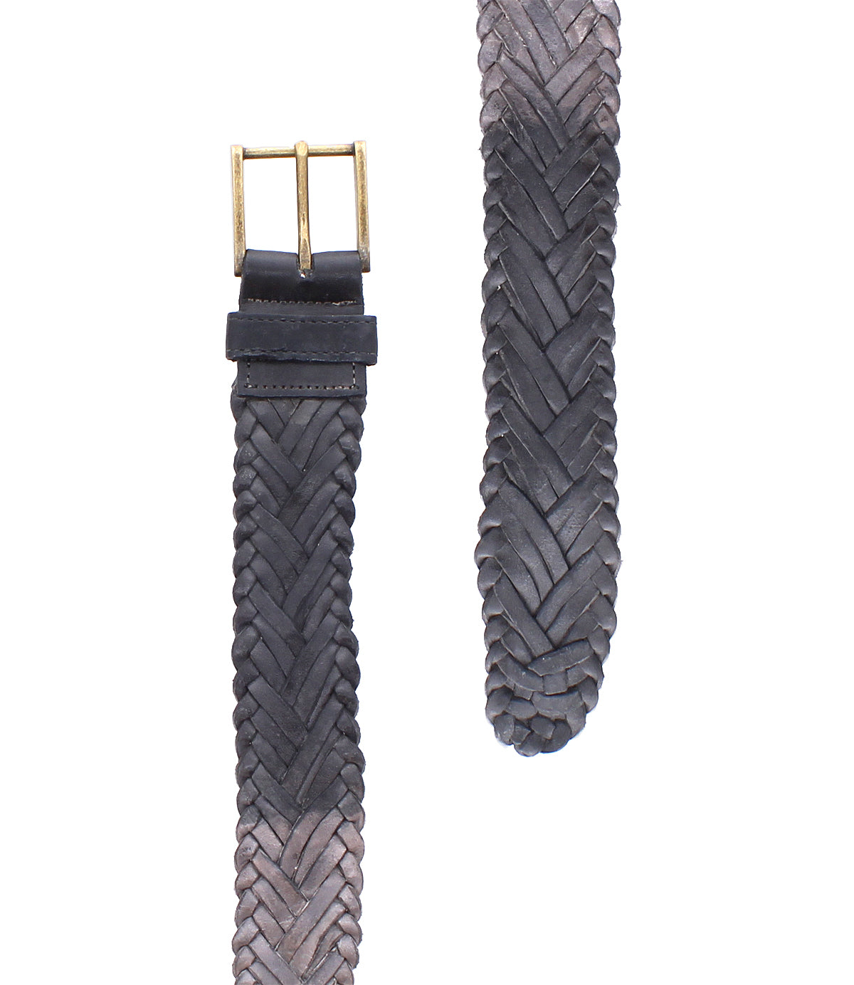 Two views of the Bed|Stü Proem, a dark brown handwoven leather belt showcasing artisan craftsmanship and a vintage metal buckle, displayed on a white background.