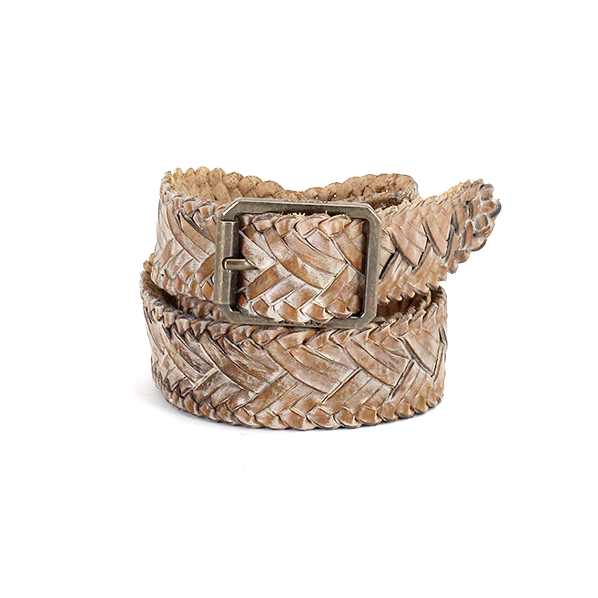 The Proem by Bed|Stü is a beige handwoven leather belt featuring artisan detailing and a vintage metal buckle, coiled neatly on a white background.