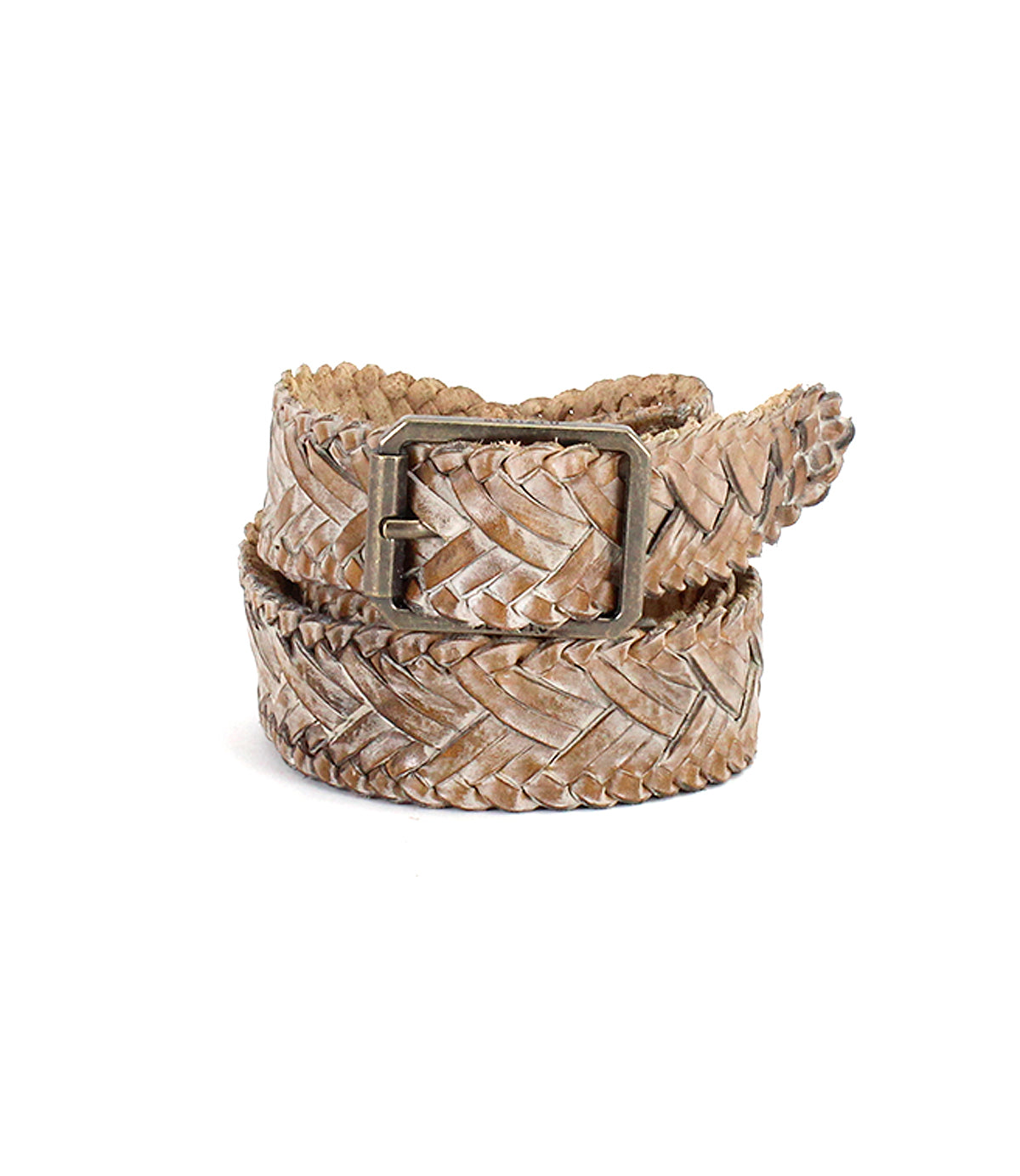The Proem by Bed|Stü is a beige handwoven leather belt featuring artisan detailing and a vintage metal buckle, coiled neatly on a white background.