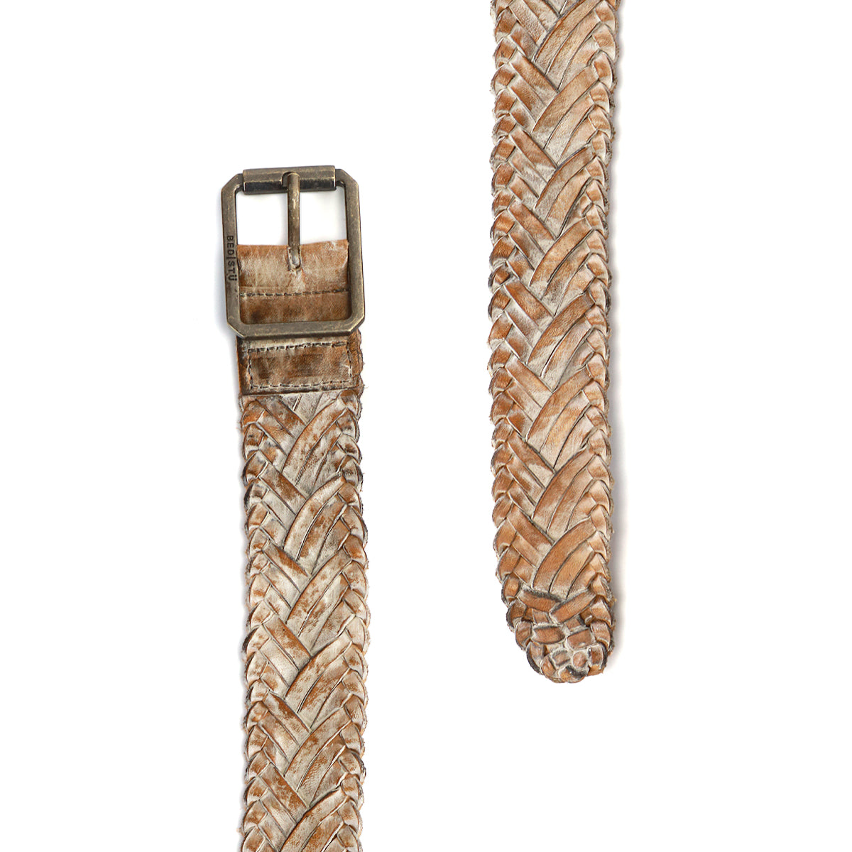 Close-up of the Bed|Stü Proem handwoven leather belt with artisan detailing and a vintage metal buckle, displayed in two sections against a white background.