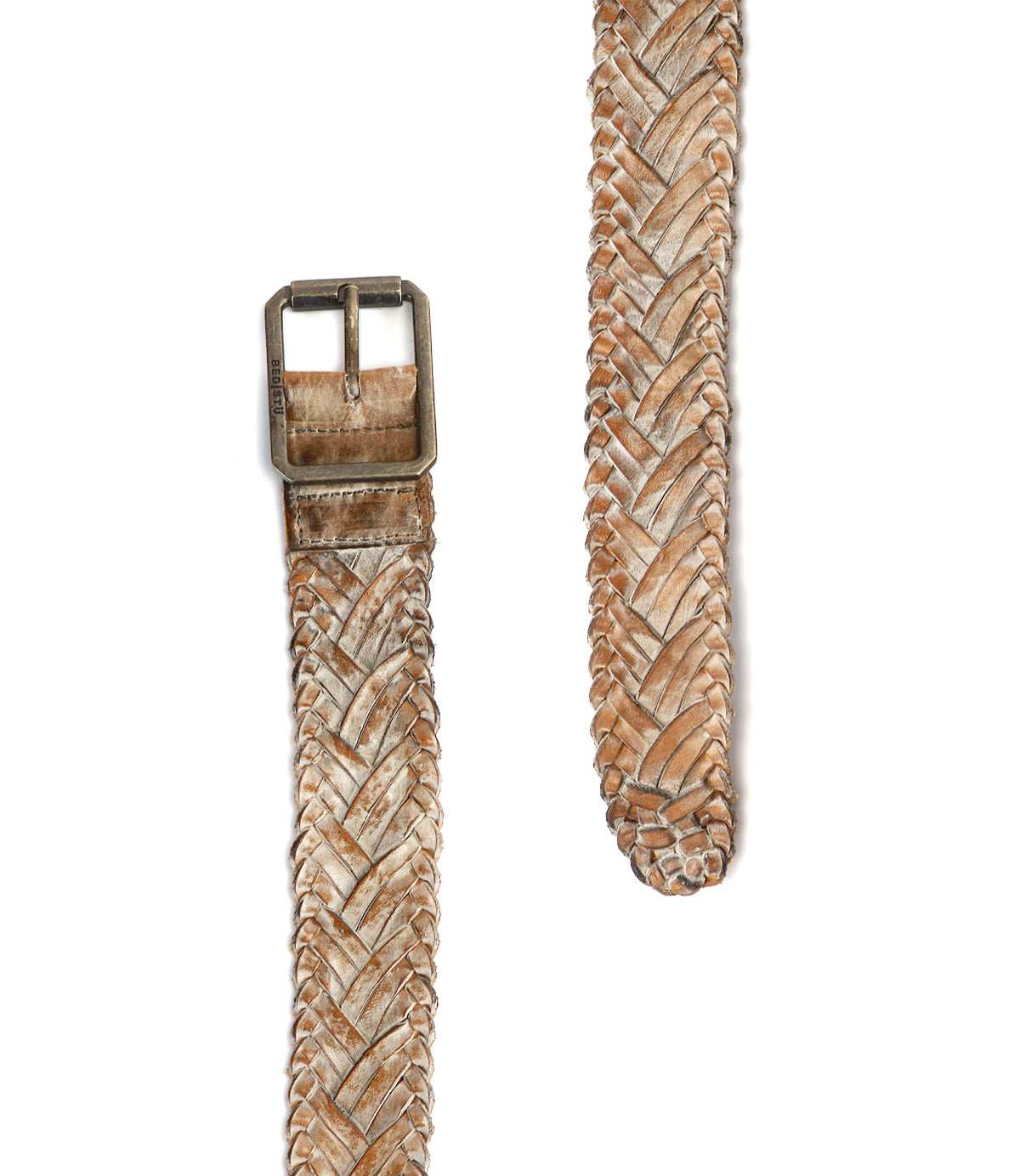 Close-up of the Bed|Stü Proem handwoven leather belt with artisan detailing and a vintage metal buckle, displayed in two sections against a white background.