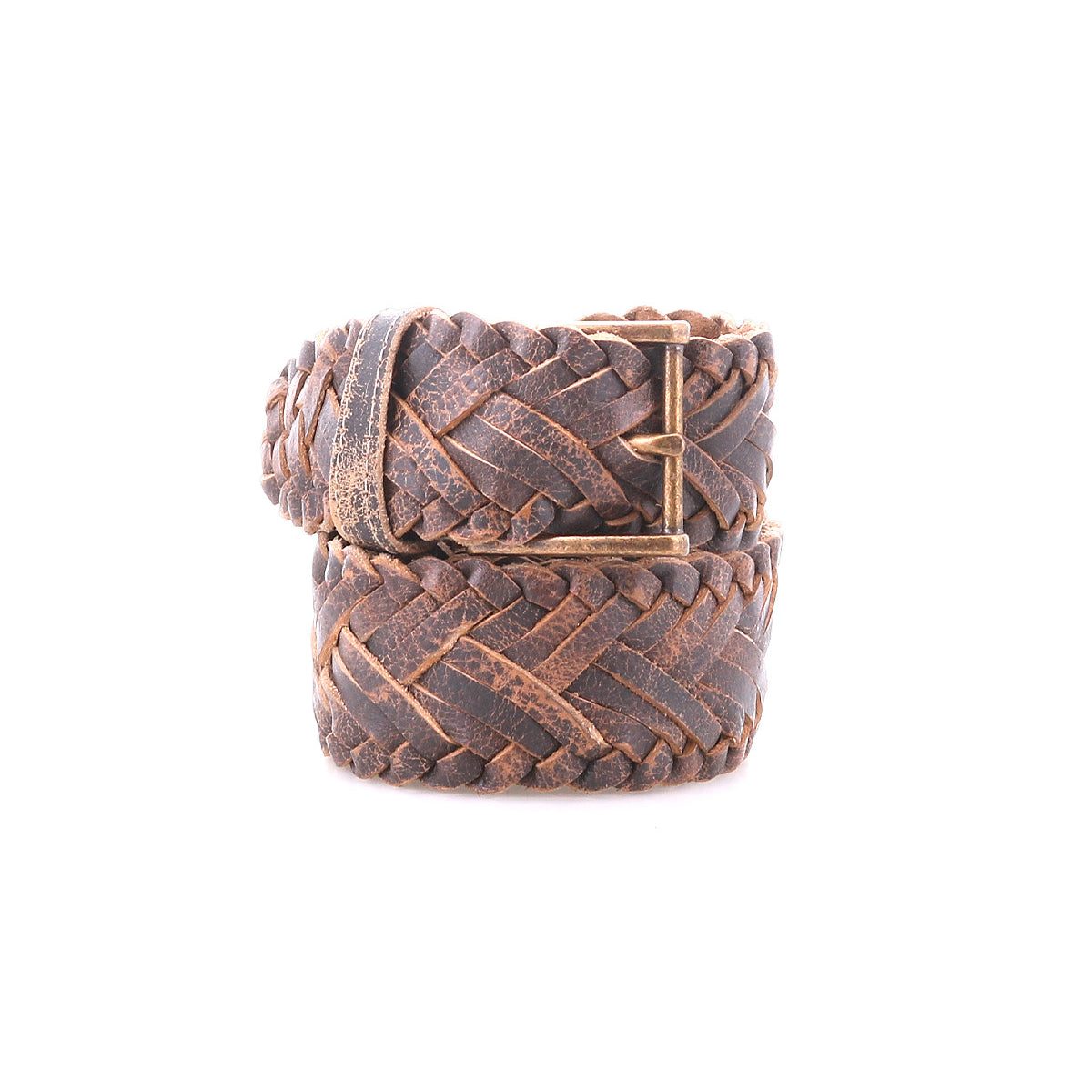 The Bed|Stü Proem is a rolled brown handwoven leather belt featuring artisan detail and a vintage metal buckle, displayed on a white background.