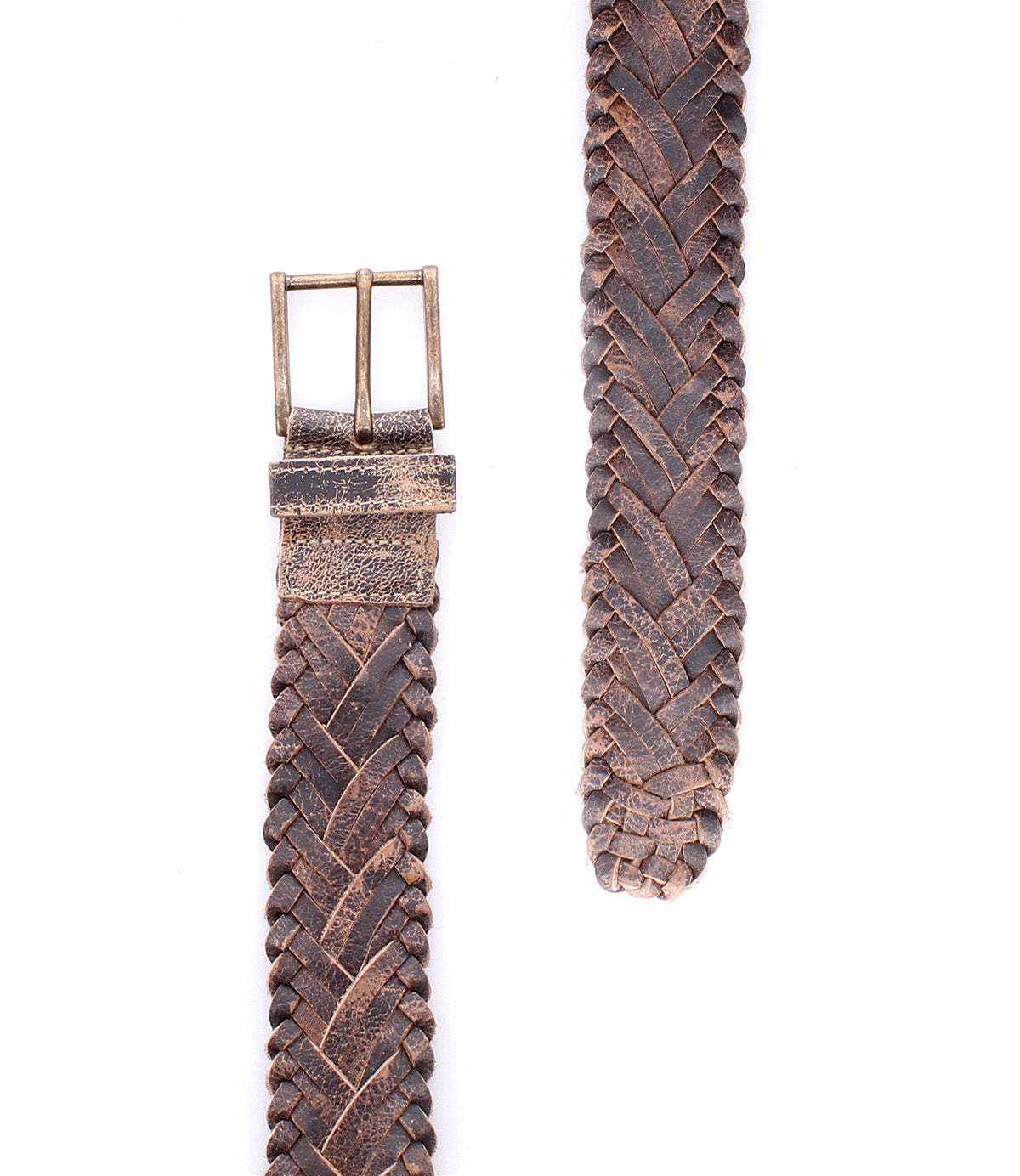 The Proem belt by Bed|Stü is shown on a white background, featuring brown handwoven leather with artisan detailing and a vintage metal buckle.