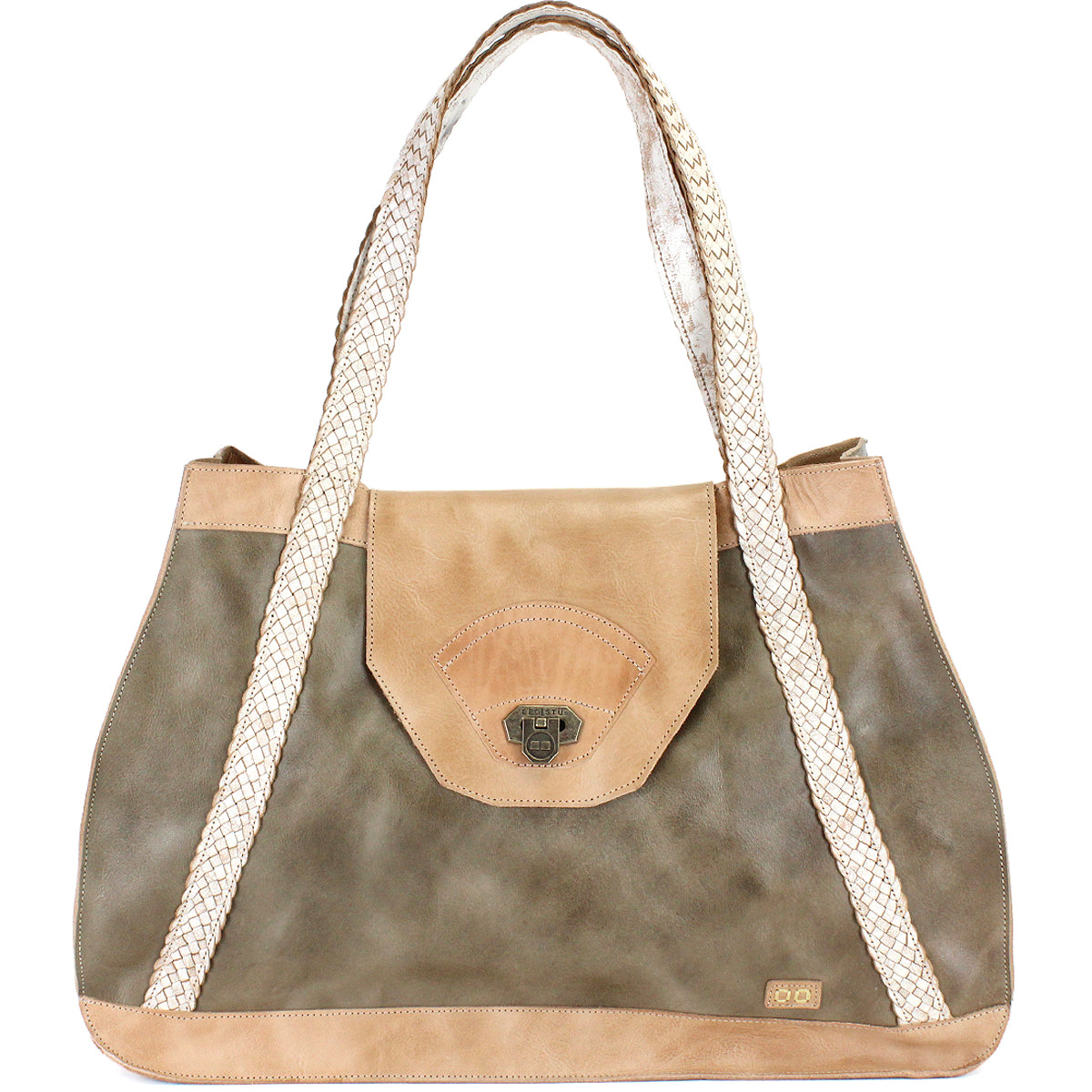 Introducing Proper by Bed|Stü: a spacious tote handbag crafted from large panels of vegetable-tanned leather in tan and olive hues. It features handwoven cream handles, a front flap with a clasp closure, and an organic cotton-lined interior for a refined finish.