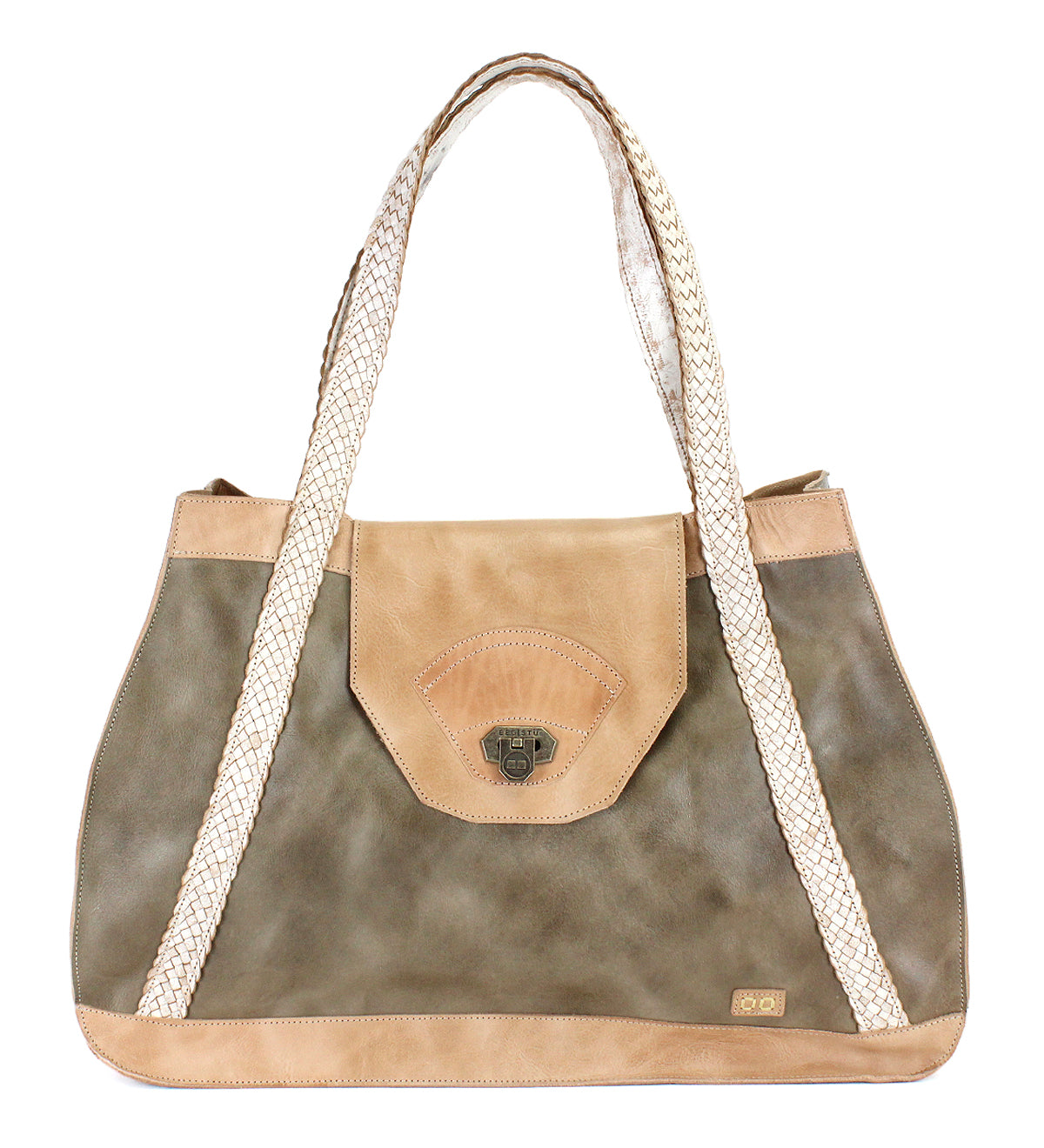 Introducing Proper by Bed|Stü: a spacious tote handbag crafted from large panels of vegetable-tanned leather in tan and olive hues. It features handwoven cream handles, a front flap with a clasp closure, and an organic cotton-lined interior for a refined finish.