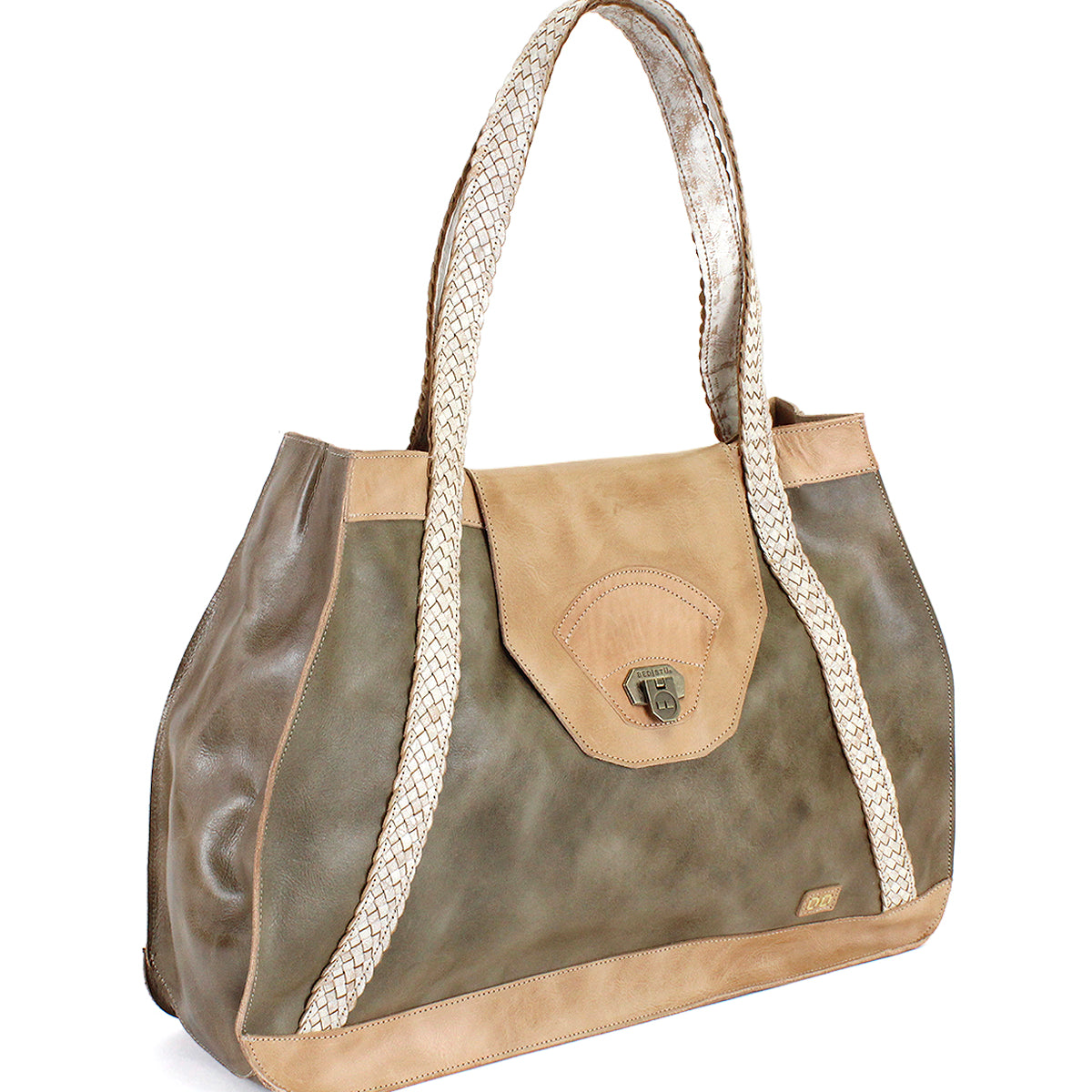 Introducing the Proper everyday tote by Bed|Stü, crafted from premium vegetable-tanned olive and tan leather for enduring durability and timeless style. This spacious bag features handwoven, light-hued straps, a secure flap closure, and is finished with a small metal clasp on the front.
